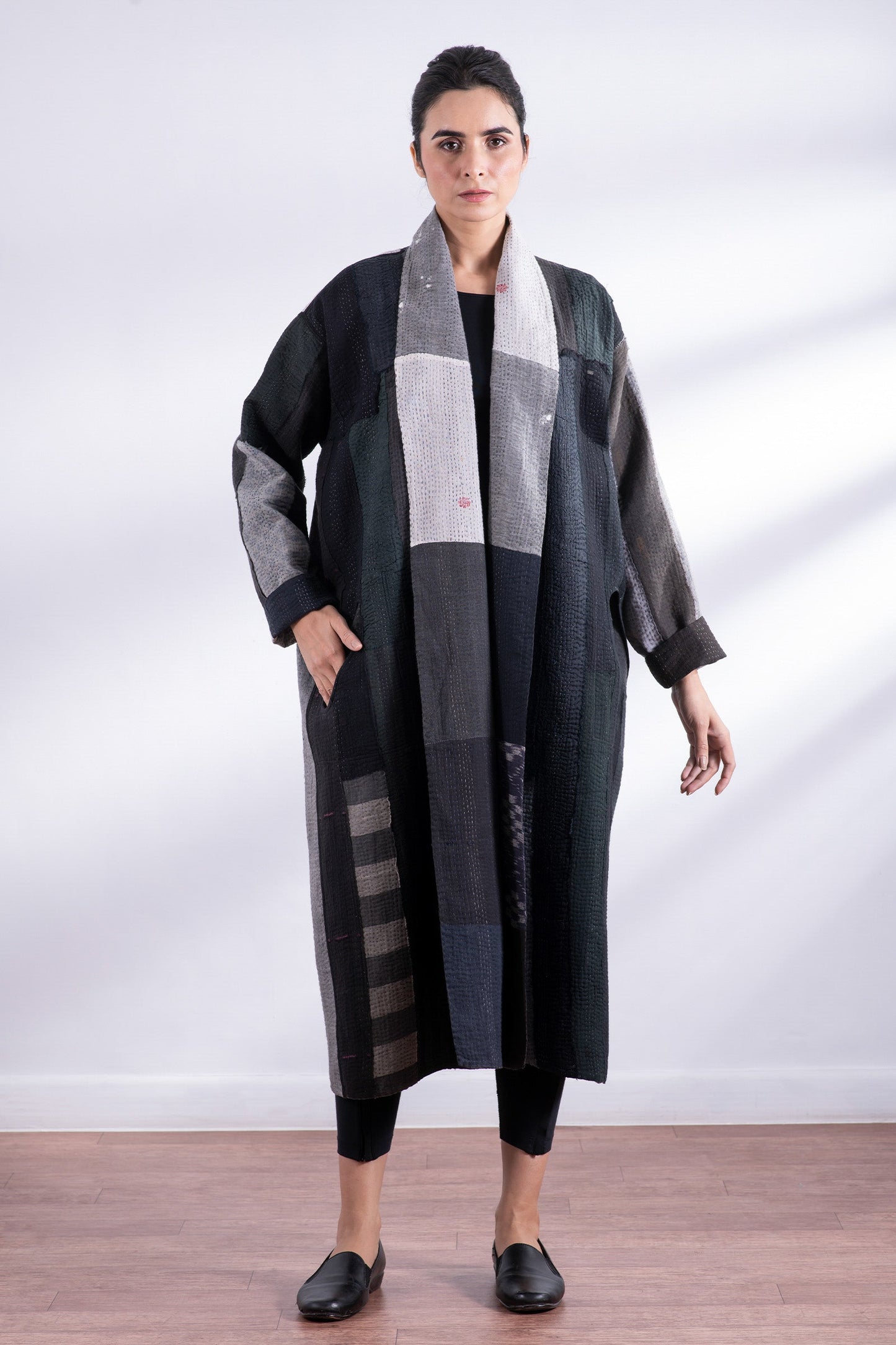 STRIPE AND CHECK COTTON SILK PATCH KANTHA ROBE COAT - ss4329-blk -