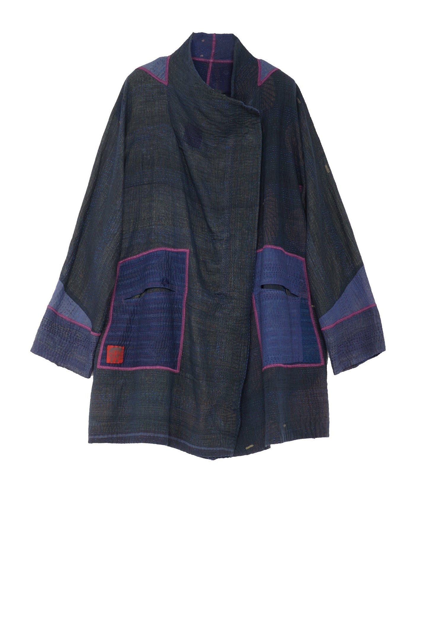 OMBRE PATCHED KANTHA FUNNEL COLLAR COAT - op4312-blu -