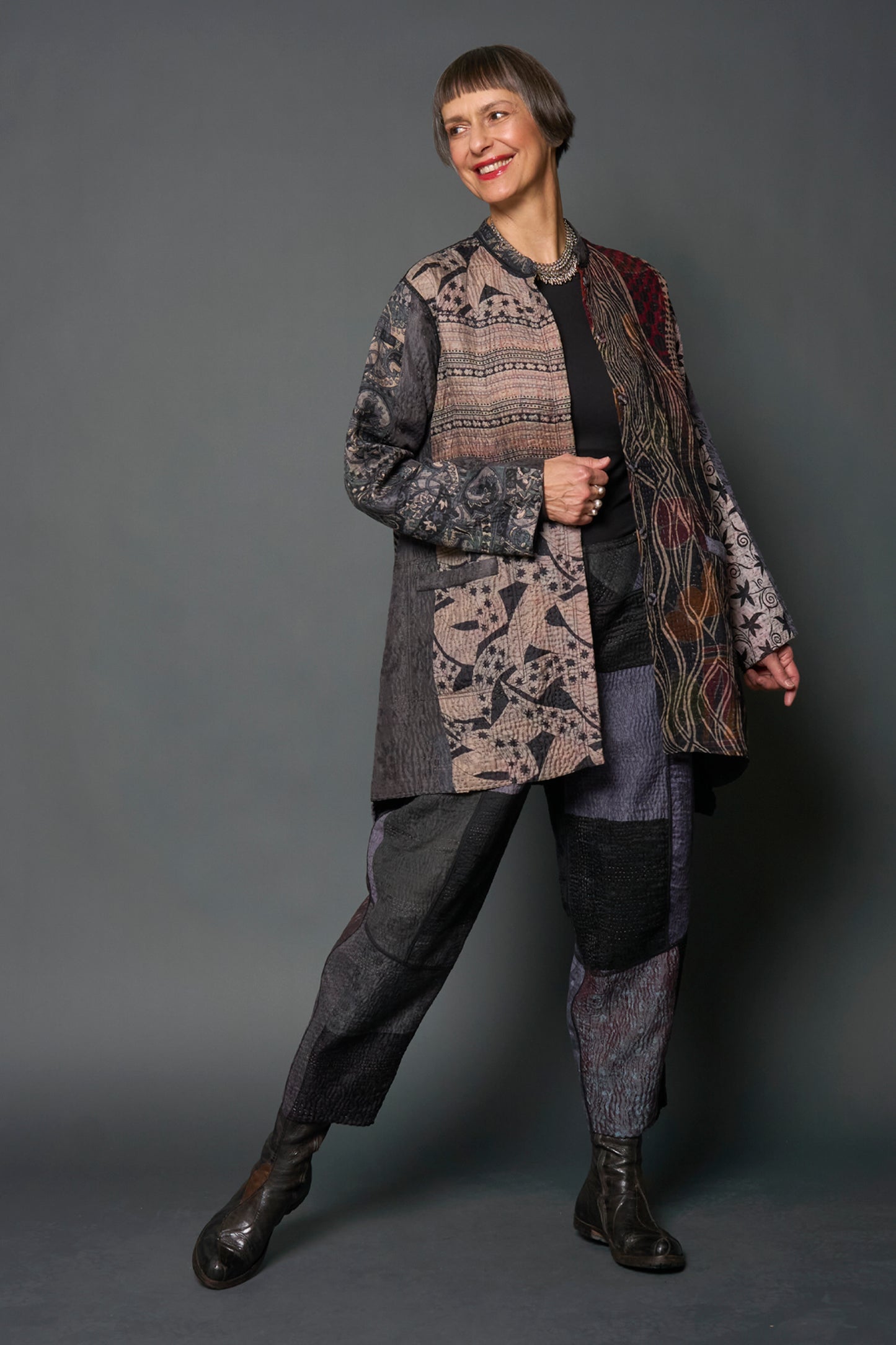 JACQUARD SILK KANTHA KAFTAN JACKET MEDIUM - js4089-blk -
