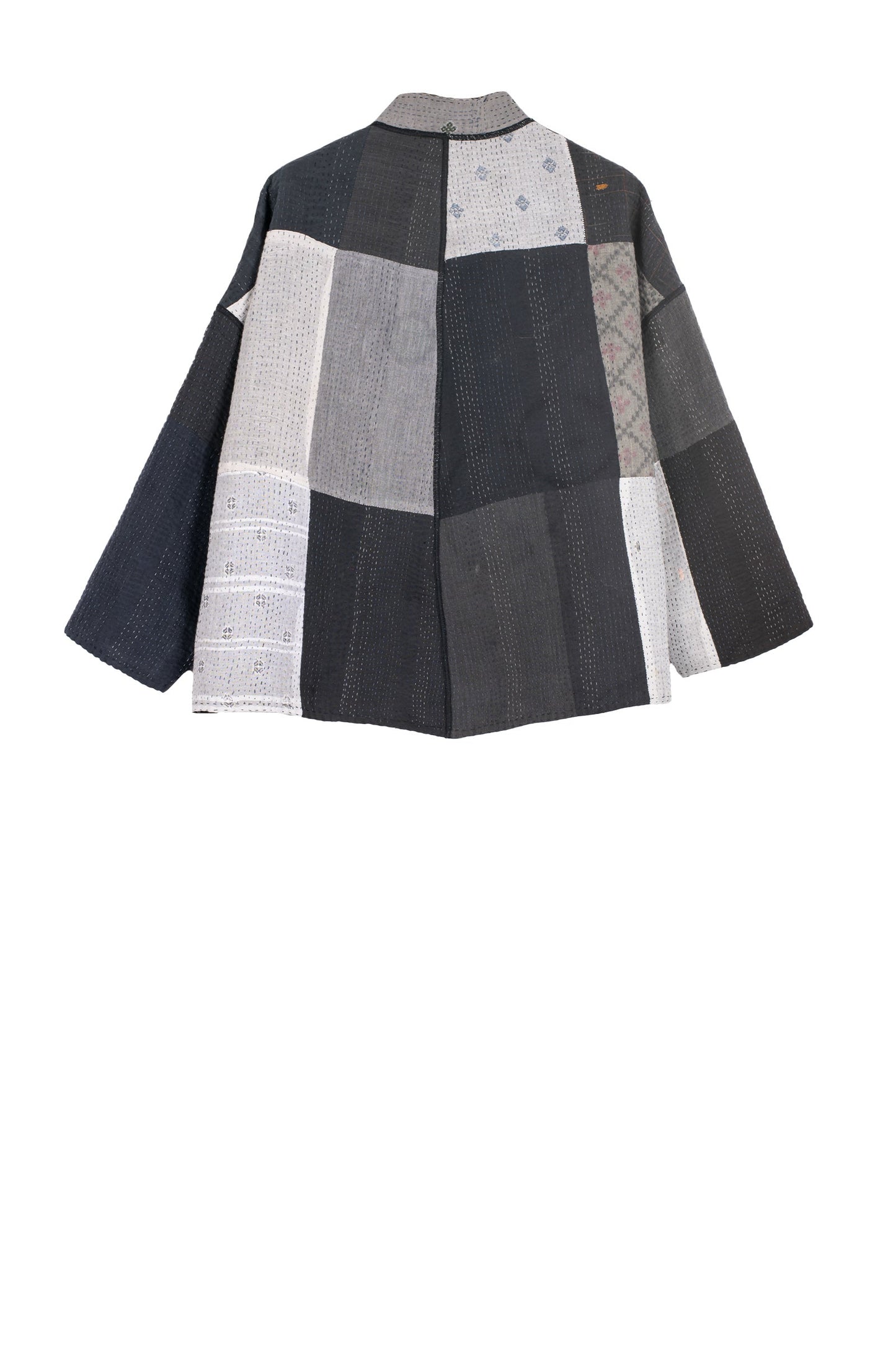 STRIPE AND CHECK COTTON SILK PATCH KANTHA STAND COLLAR CROPPED JACKET - ss4034-blk -