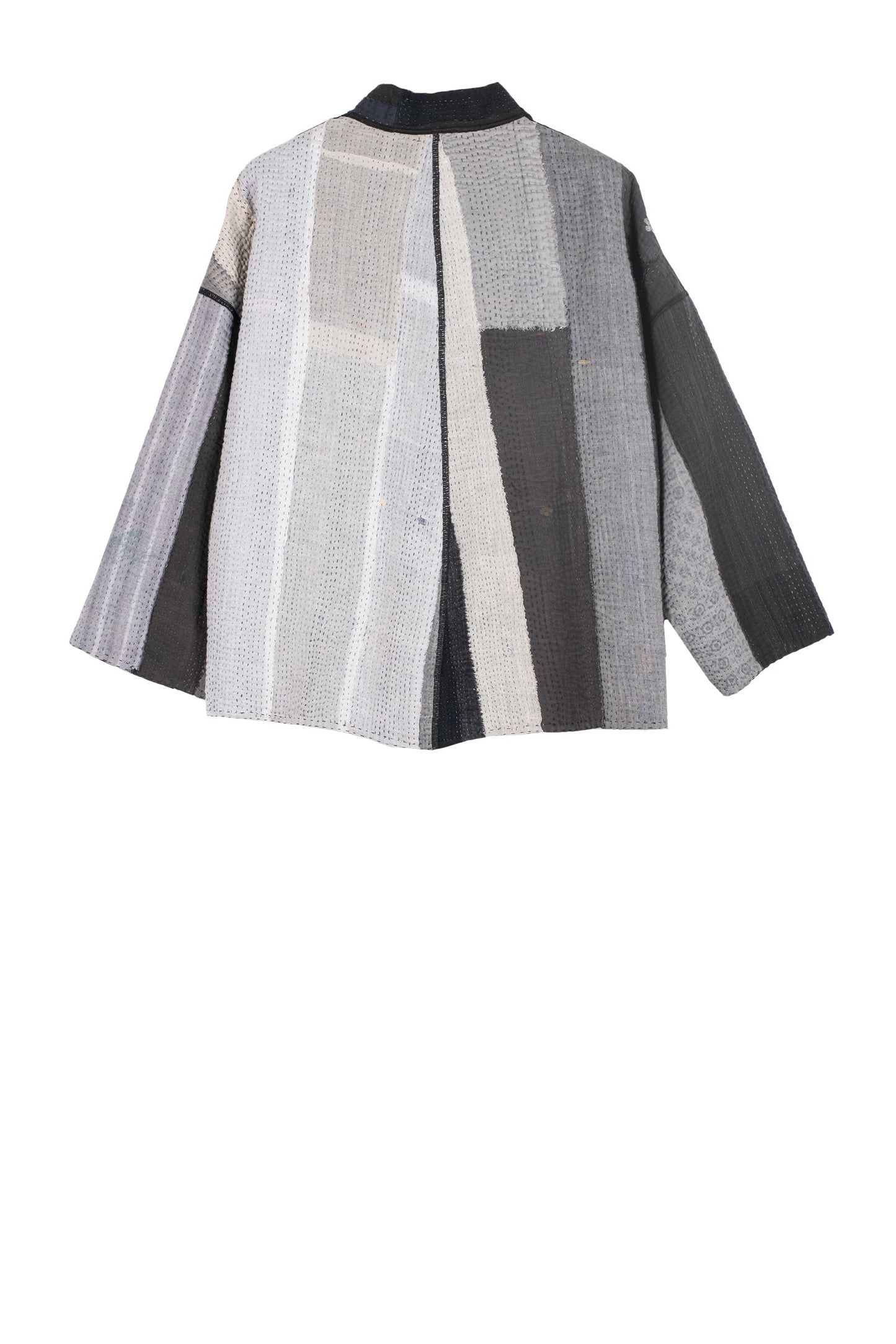 STRIPE AND CHECK COTTON SILK PATCH KANTHA STAND COLLAR CROPPED JACKET - ss4034-blk -