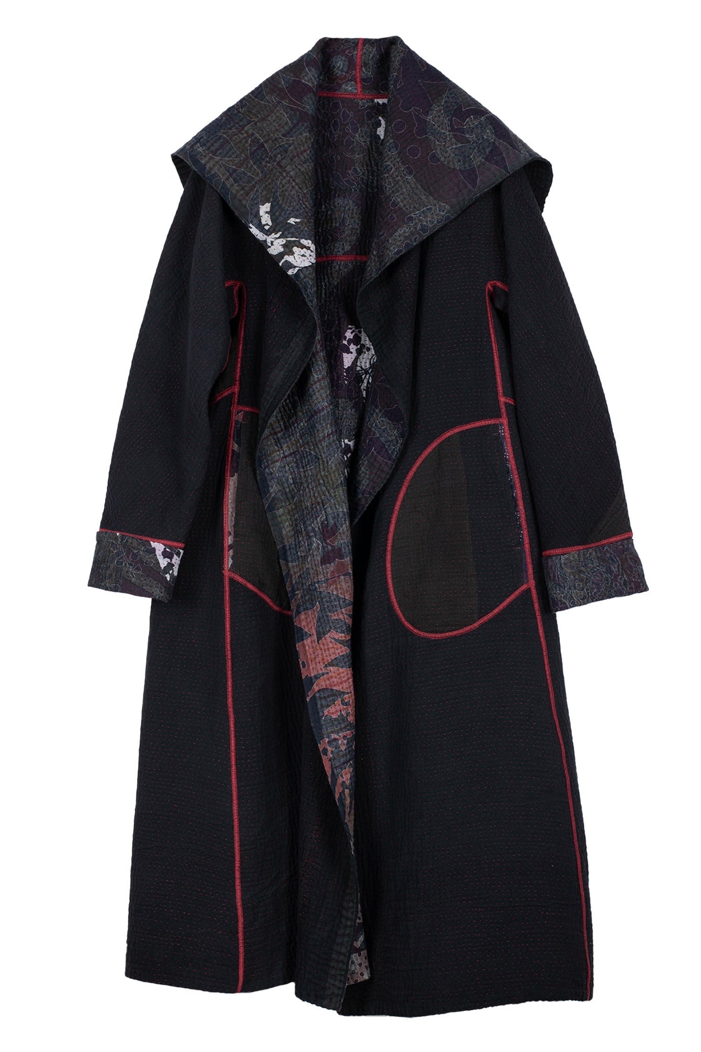 MONOTONE TWILIGHT PRINT KANTHA A-LINE LONG COAT - tp4302-red -