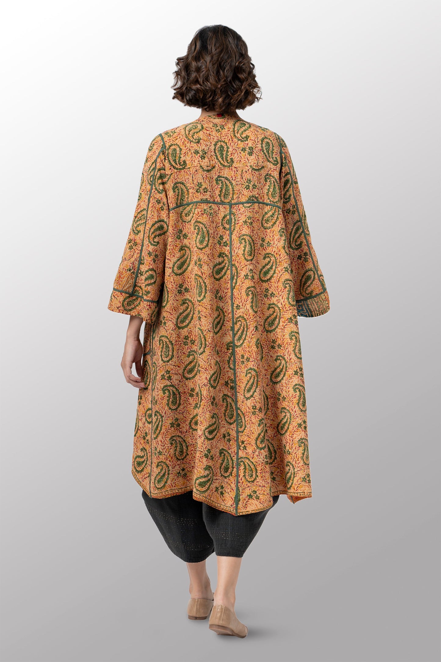 VINTAGE SILK GEORGETTE COTTON KANTHA WRAP FLARE COAT - gc2330-0001a -
