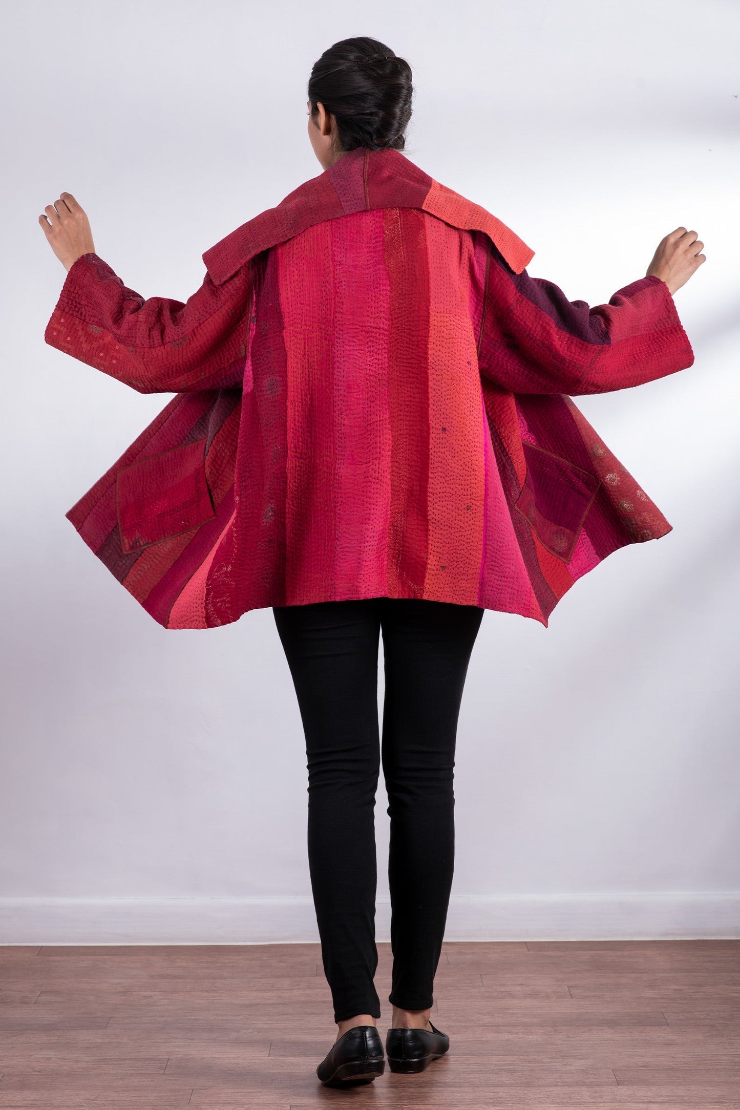 STRIPE AND CHECK COTTON SILK PATCH KANTHA FLARE JACKET - ss4010-red -