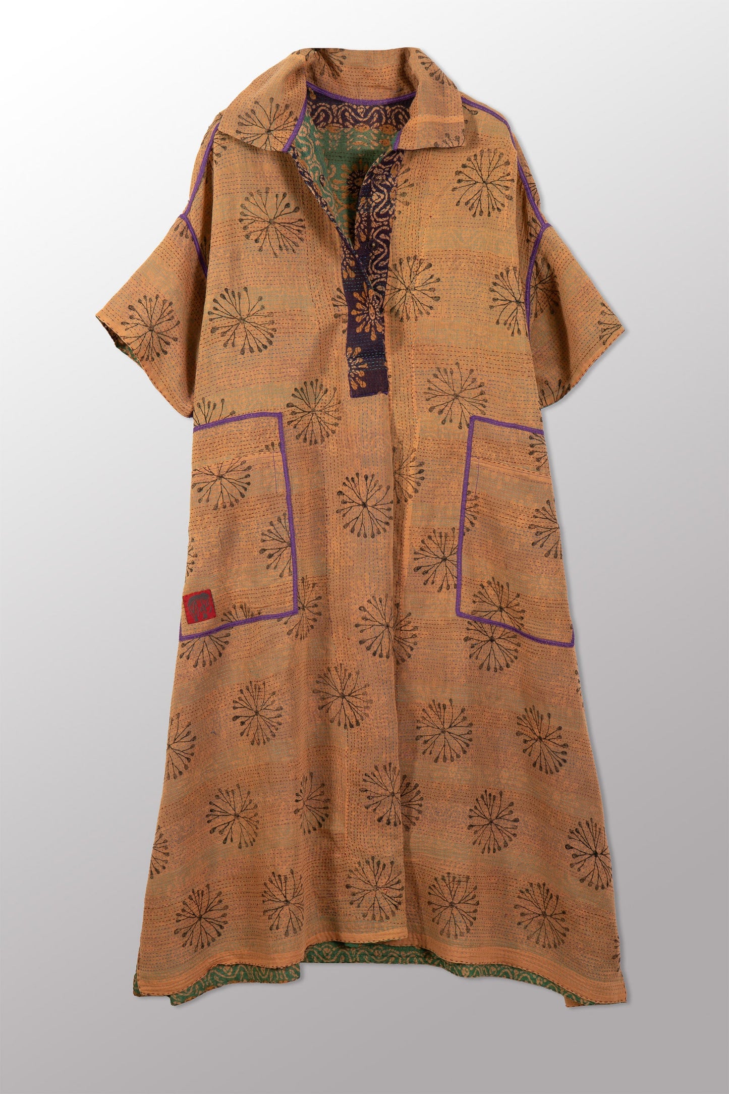 VINTAGE COTTON & NEW VOILE KANTHA WING COLLAR DRESS - cn2454-0001a -