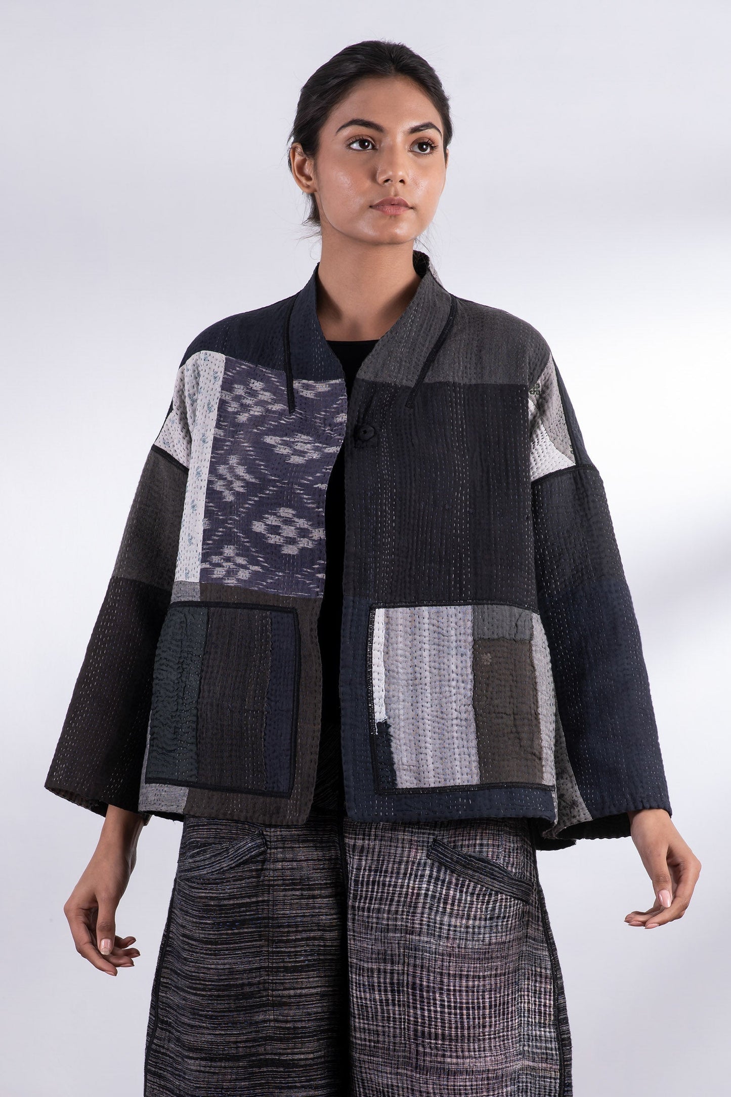 STRIPE AND CHECK COTTON SILK PATCH KANTHA STAND COLLAR CROPPED JACKET - ss4034-blk -