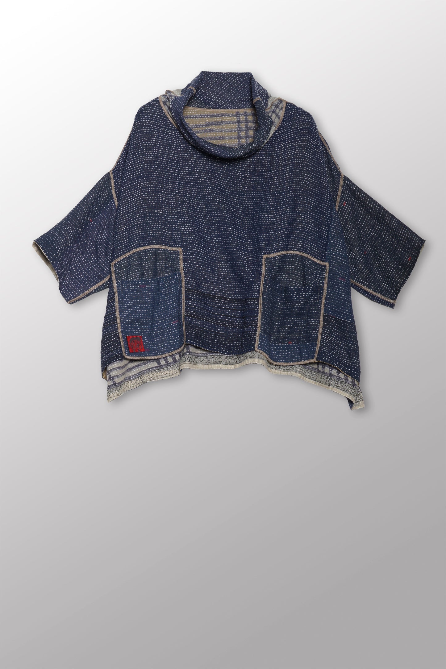INDONESIAN PRINT VINTAGE INDIGO BACKING KANTHA COWL NECK PONCHO - bi2061-blu -