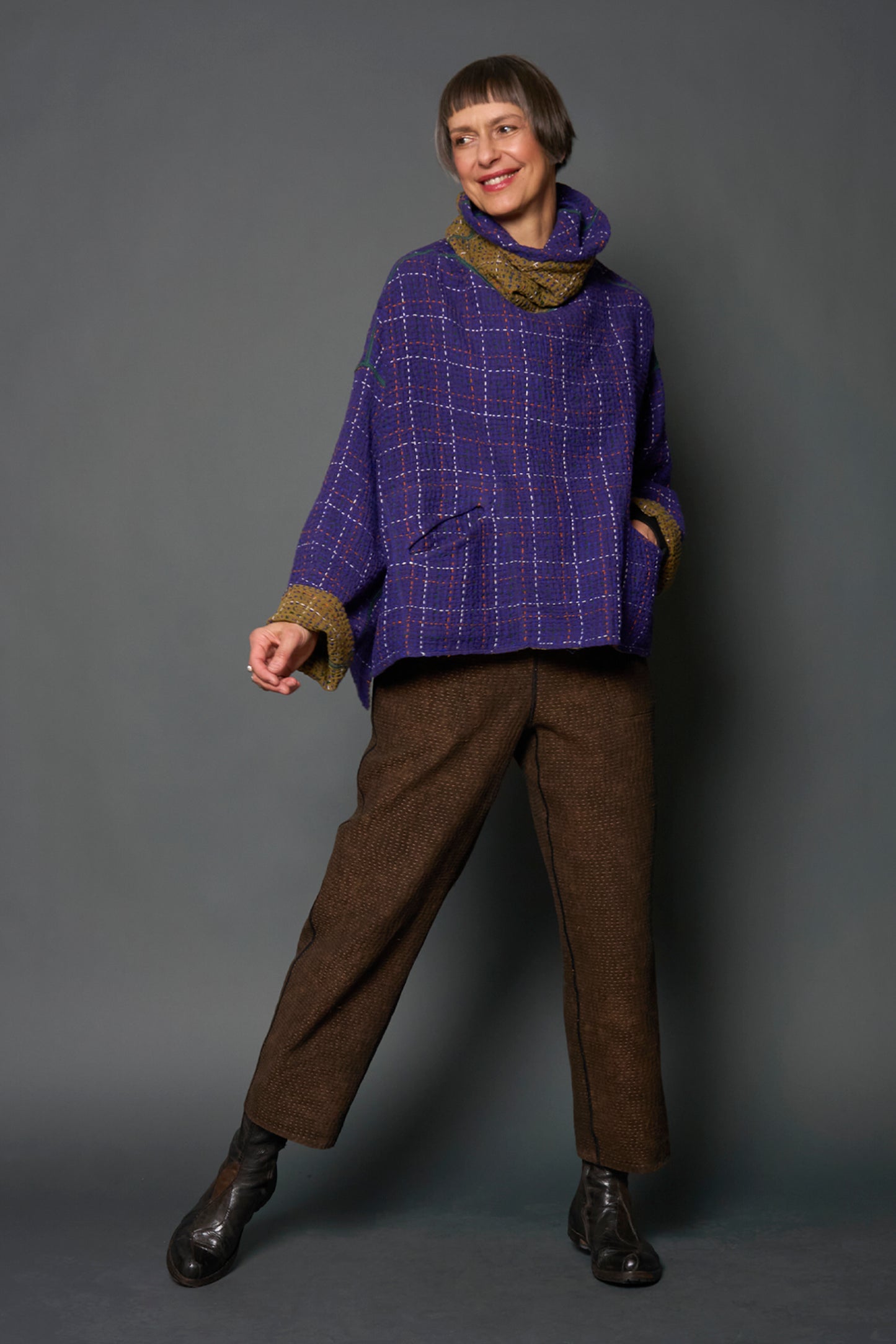 WOOL WAFFLE KANTHA NEW COWL NECK PONCHO - ww3083-prp -