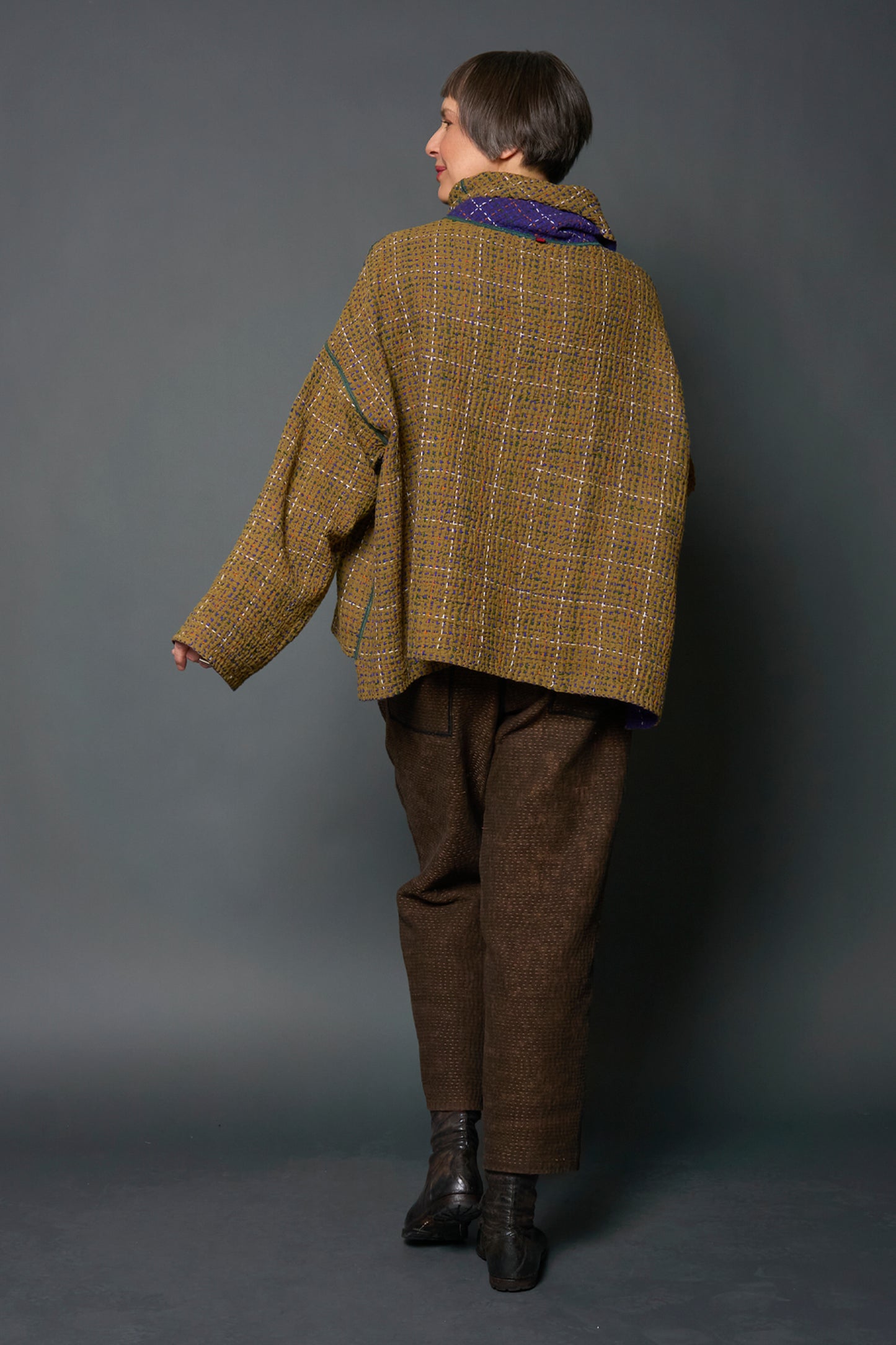 WOOL WAFFLE KANTHA NEW COWL NECK PONCHO - ww3083-prp -