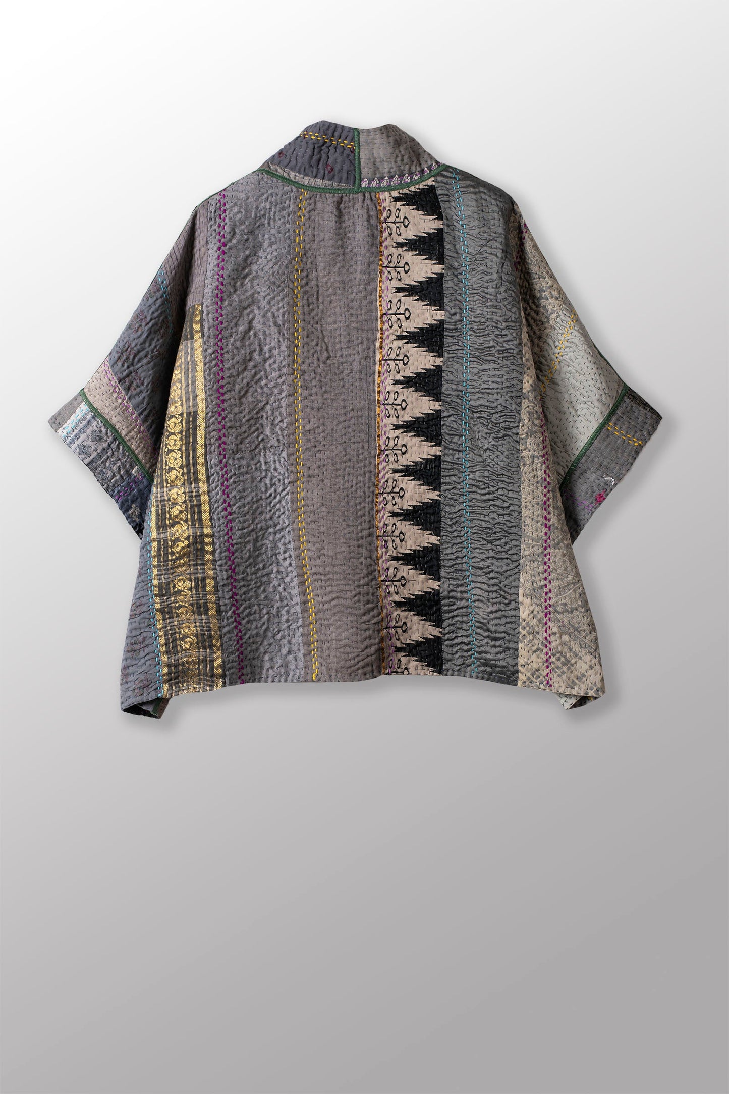 JEWEL WOVEN WITH VERTICAL PATCH KANTHA MINI PONCHO - jv4060-gry -
