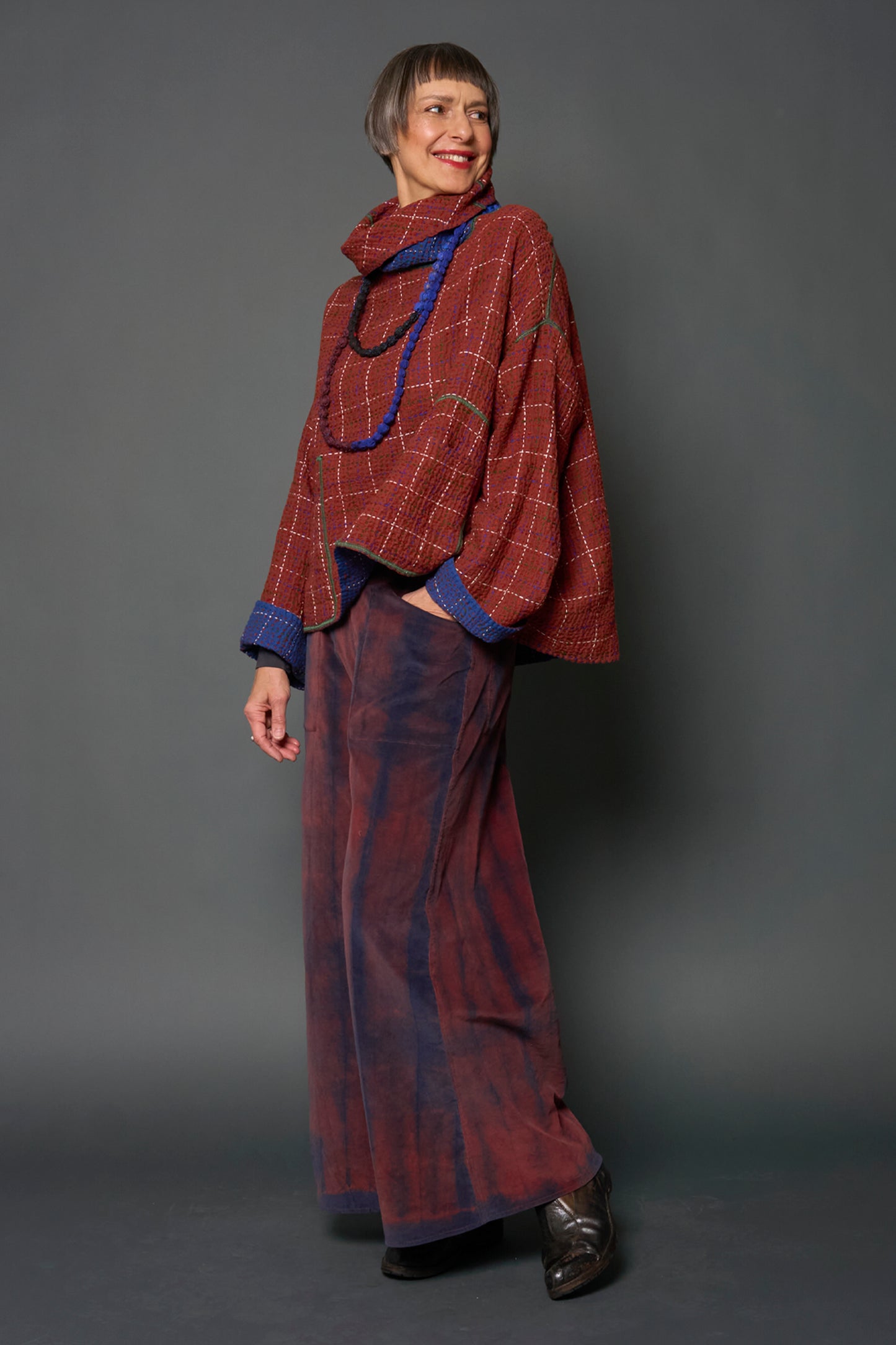 WOOL WAFFLE KANTHA NEW COWL NECK PONCHO - ww3083-blu -