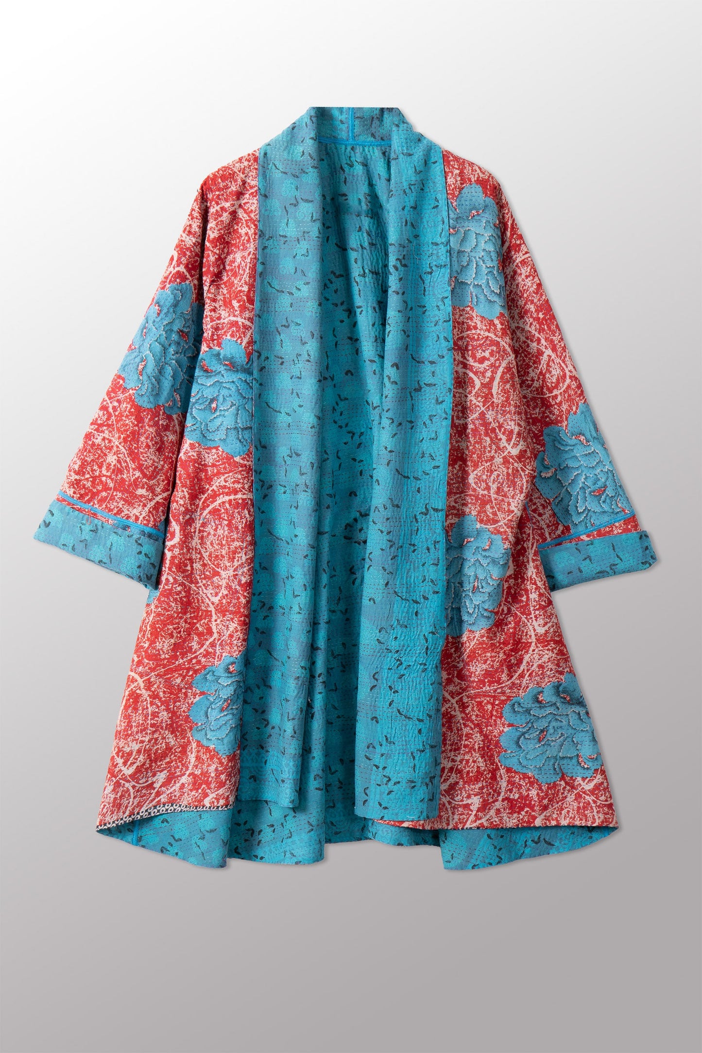 VINTAGE SILK GEORGETTE COTTON KANTHA KIMONO LONG JKT - gc2005-0001a -