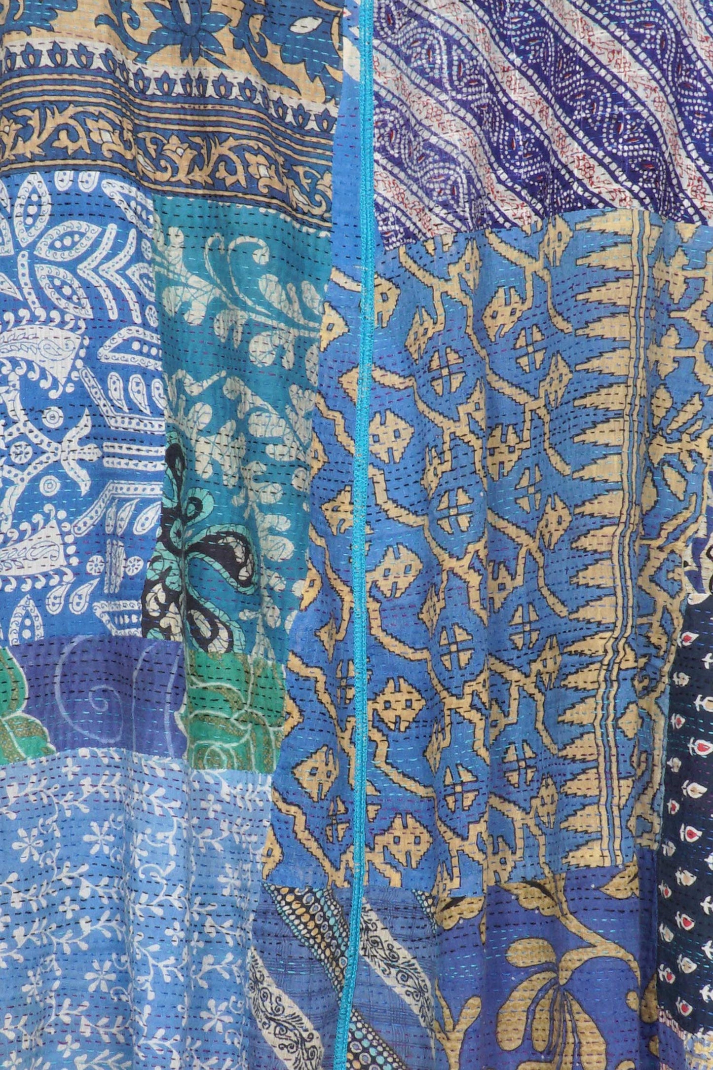 PATCH & CIRCLE PRINT KANTHA BELL SHAPE LONG VEST - pc2225-blu -