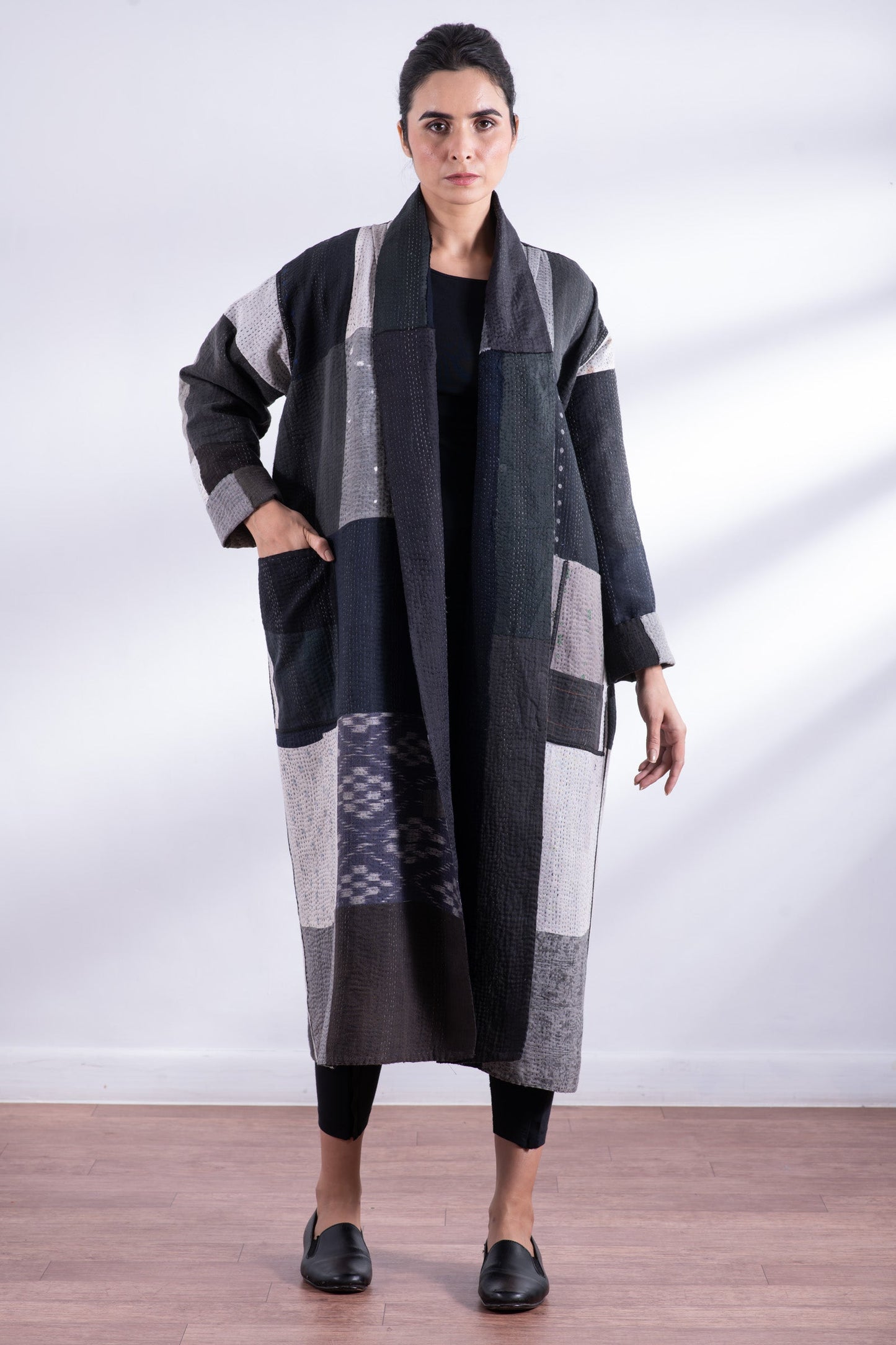 STRIPE AND CHECK COTTON SILK PATCH KANTHA ROBE COAT - ss4329-blk -