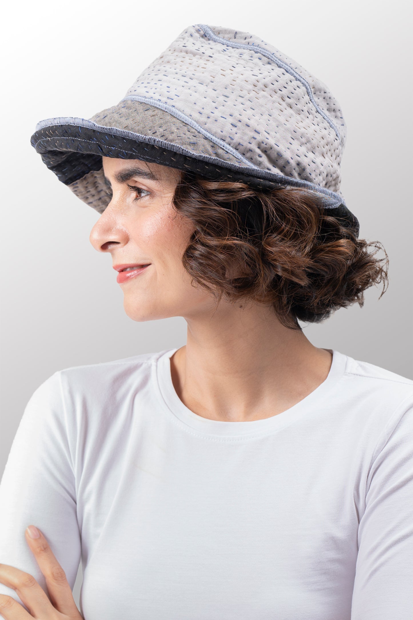FRAYED PATCH KANTHA CIRCULAR CUT BRIM HAT - fi4882-glk -