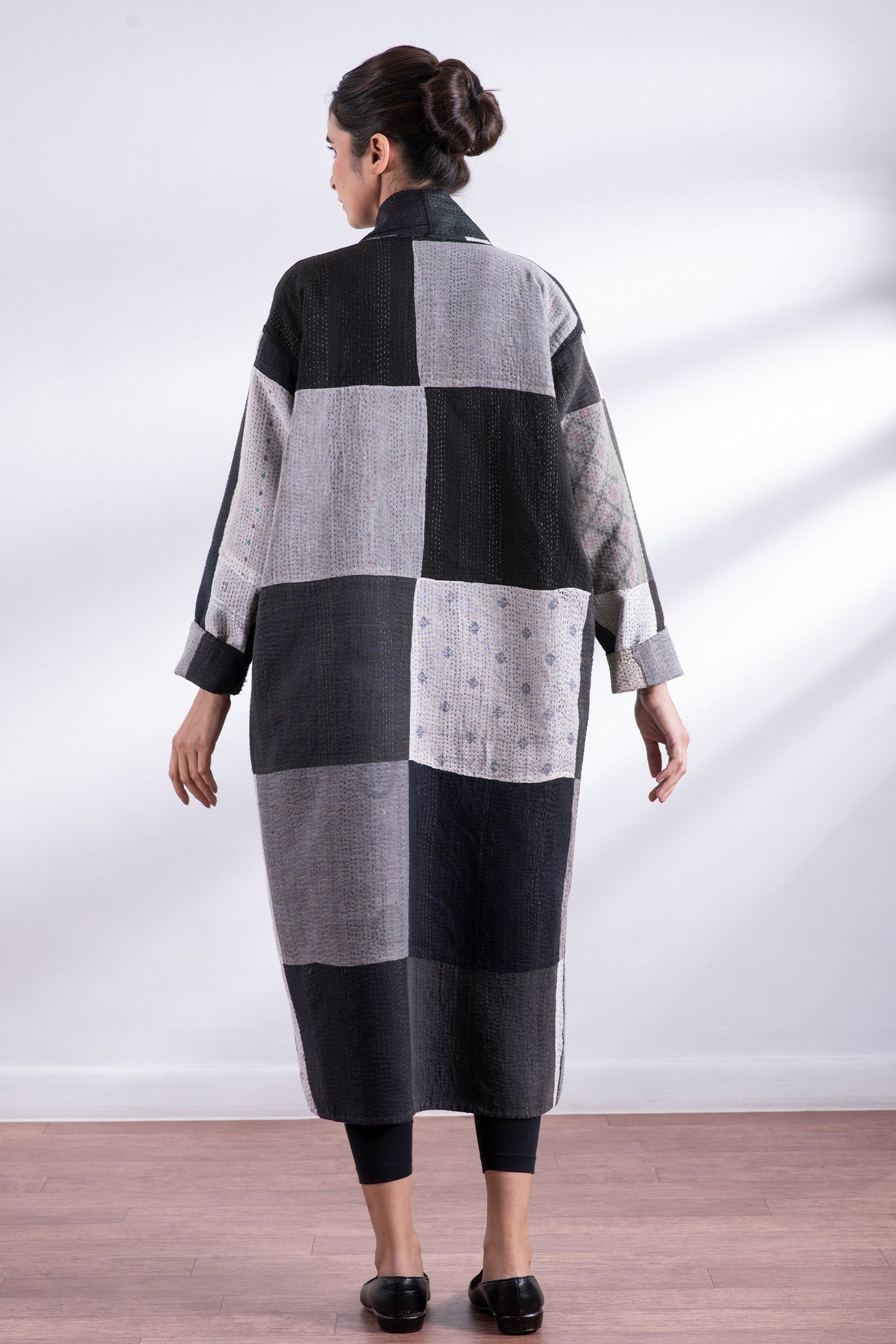 STRIPE AND CHECK COTTON SILK PATCH KANTHA ROBE COAT - ss4329-blk -