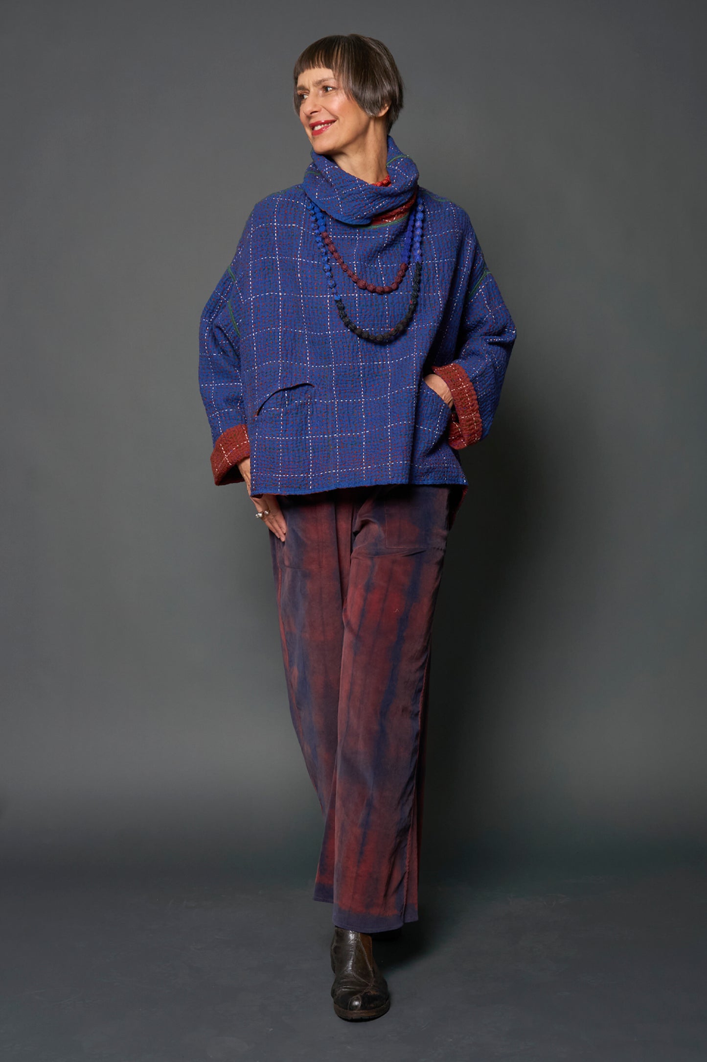 WOOL WAFFLE KANTHA NEW COWL NECK PONCHO - ww3083-blu -
