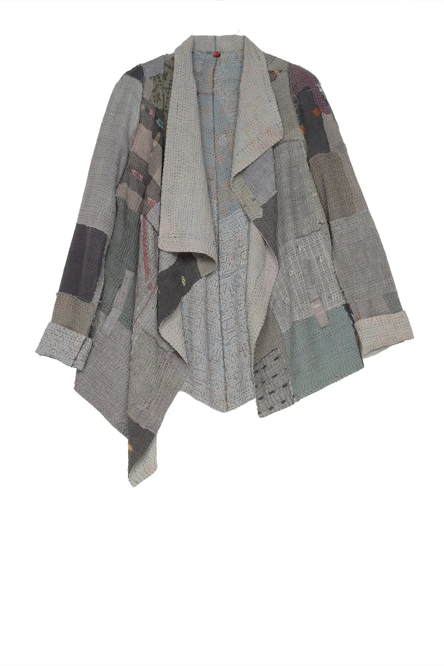 FRAYED PATCH KANTHA DRAPE COLLAR JKT - fi4037-gry -