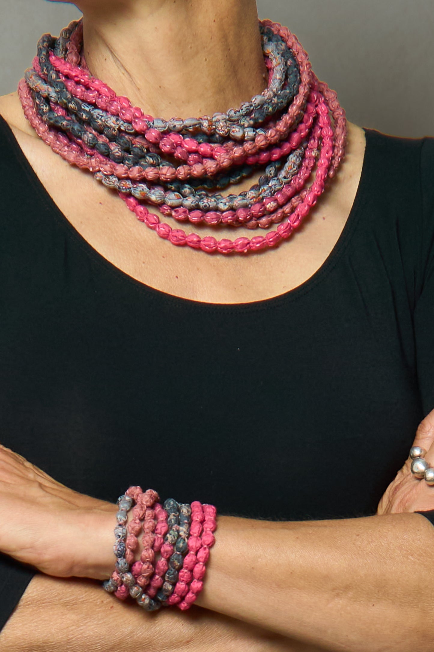 VINTAGE SILK KANTHA 5 STRAND NECKLACE - sv2730-pik -