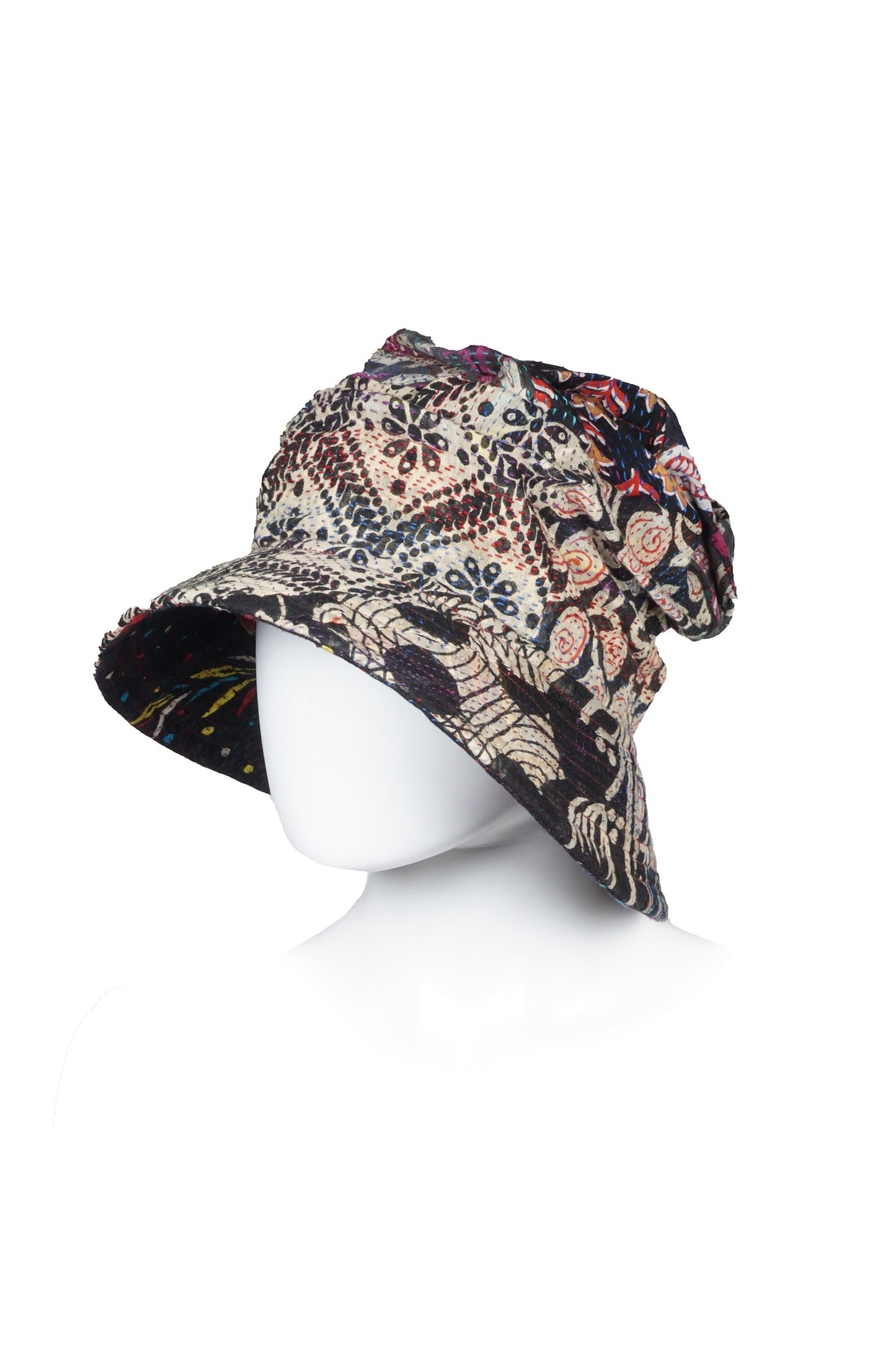 PATCHED & LEAVES KANTHA FULL BRIM HAT - pl2889-blk -