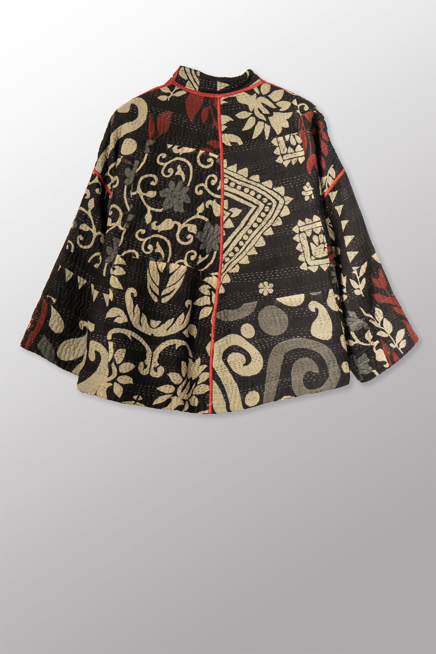 BLACK AND WHITE PRINT PATCH KANTHA STAND COLLAR CROPPED JACKET - pn4034-red -