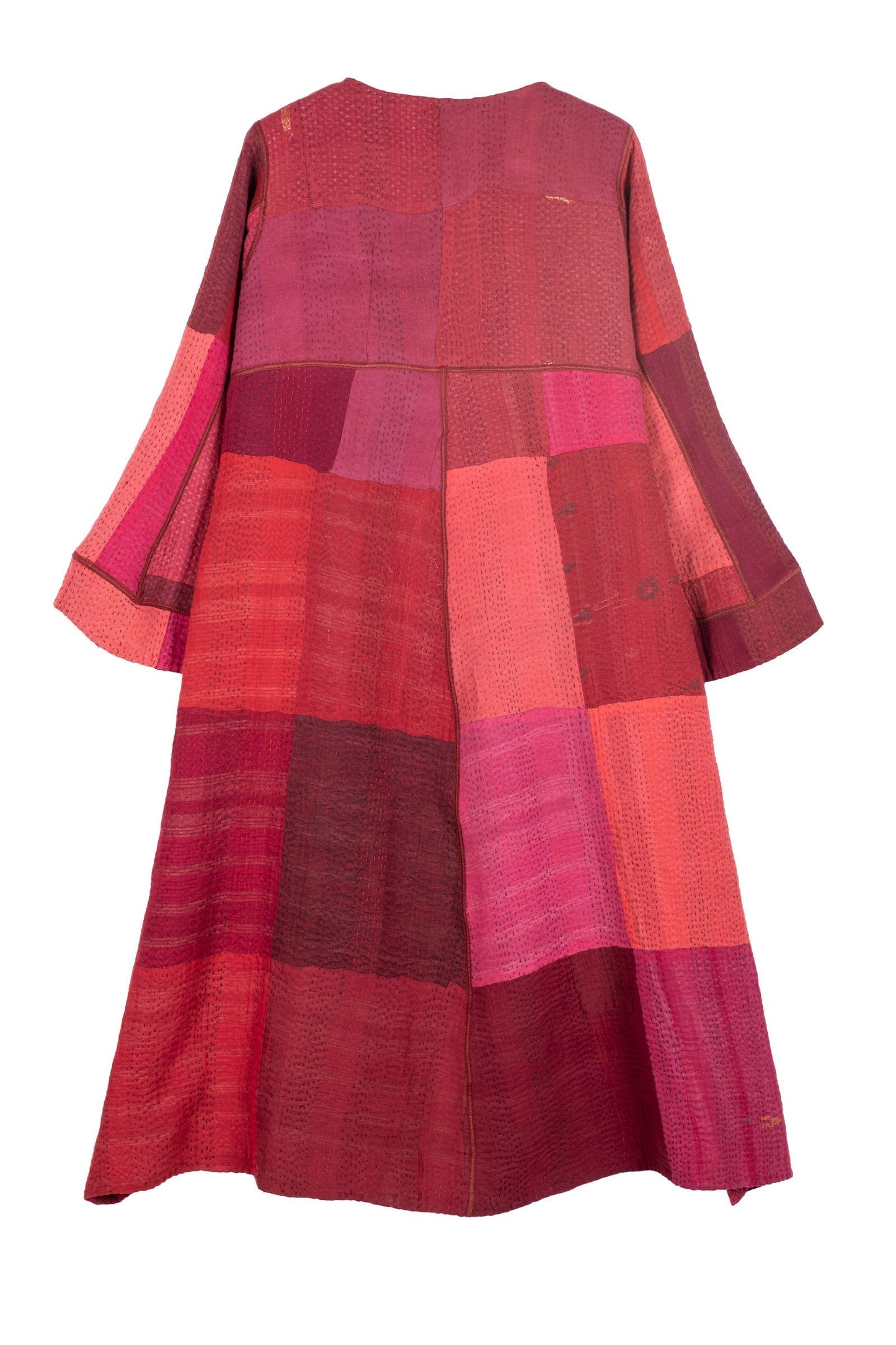 STRIPE AND CHECK COTTON SILK PATCH KANTHA WRAP FLARE COAT - ss4330-red -