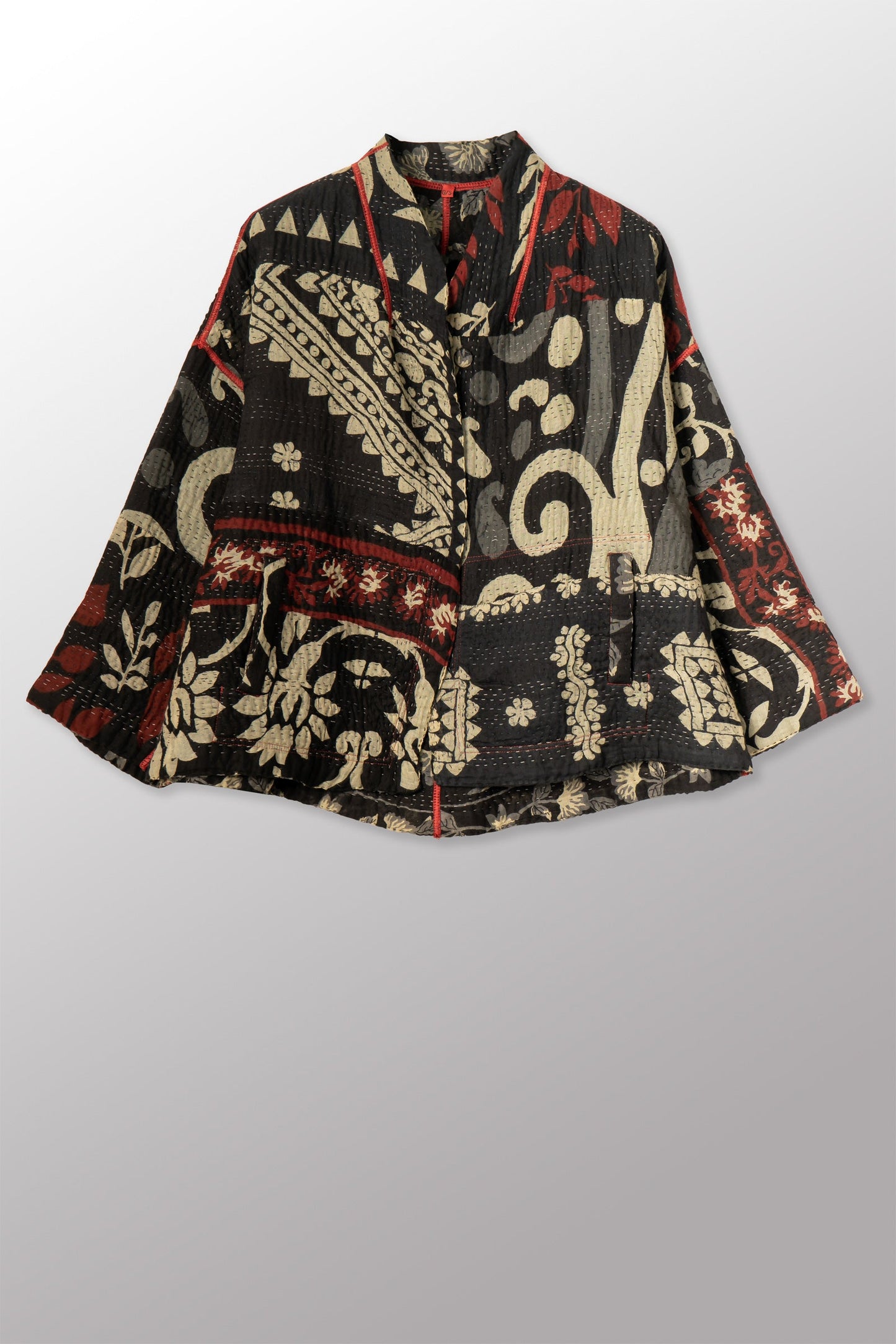 BLACK AND WHITE PRINT PATCH KANTHA STAND COLLAR CROPPED JACKET - pn4034-red -