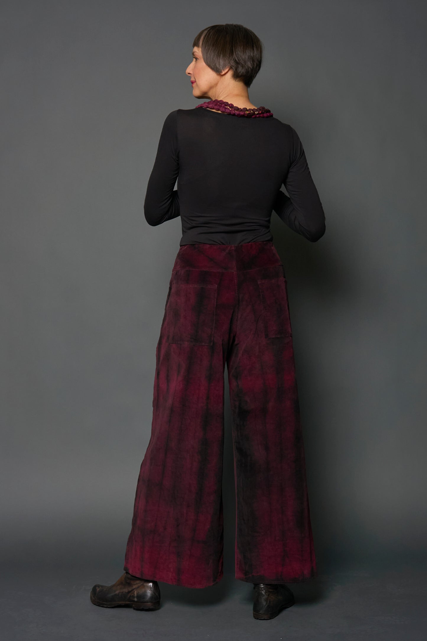 CORDUROY SHIBORI TIE DYE MID RISE WIDE LEG PANTS LONG - co1673-blk -