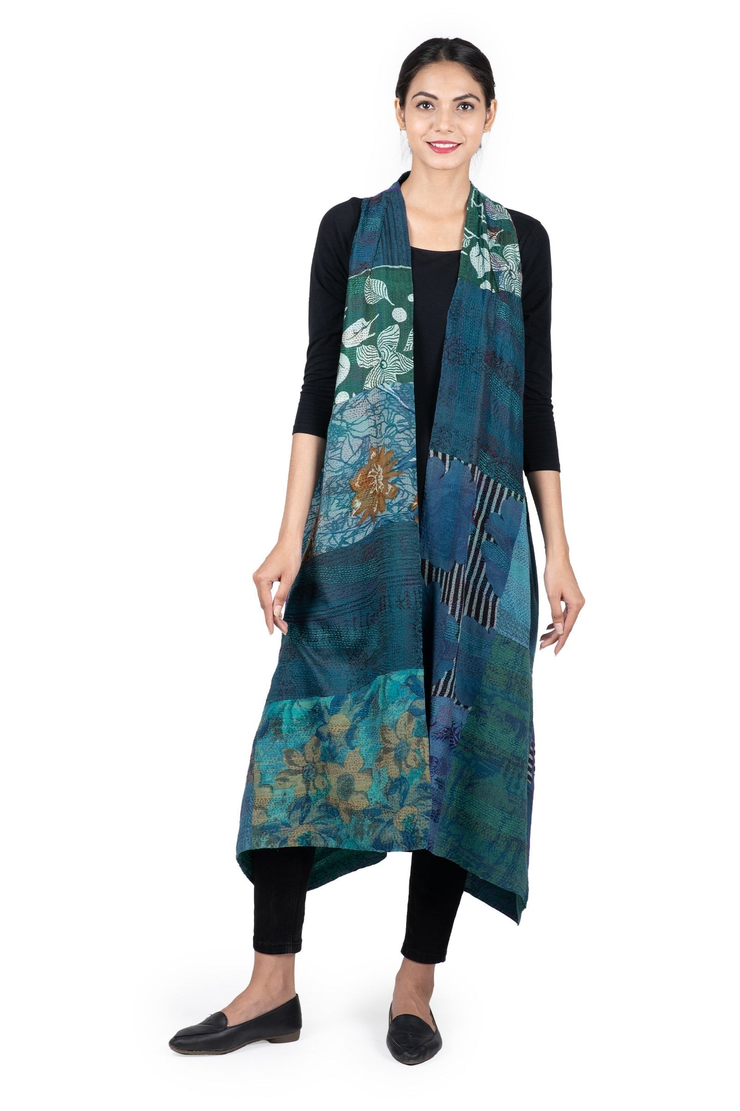 GEORGETTE VINTAGE SILK PATCH KANTHA BACK PLEATED VEST MAXI - gs2222-tel -