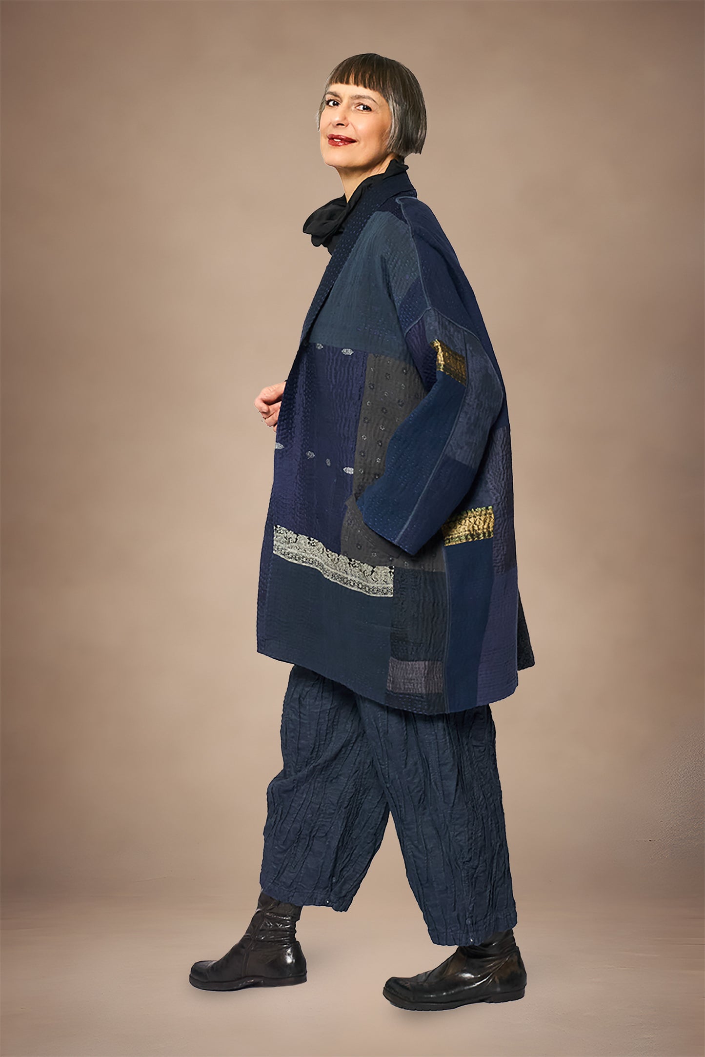 COTTON SILK SW PATCH KANTHA HAORI JACKET - ws4068-gry -