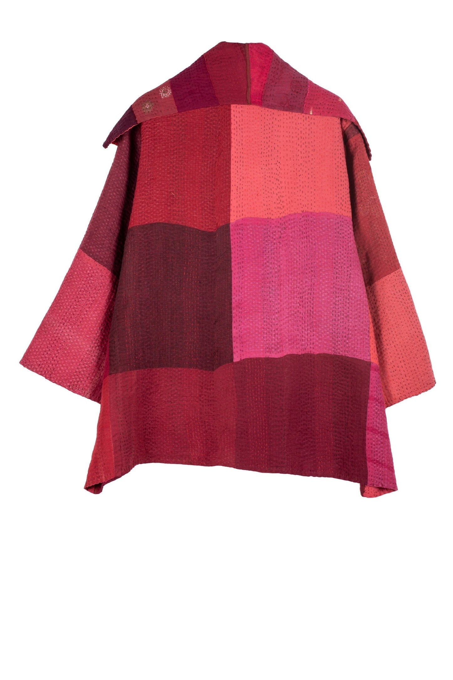 STRIPE AND CHECK COTTON SILK PATCH KANTHA FLARE JACKET - ss4010-red -