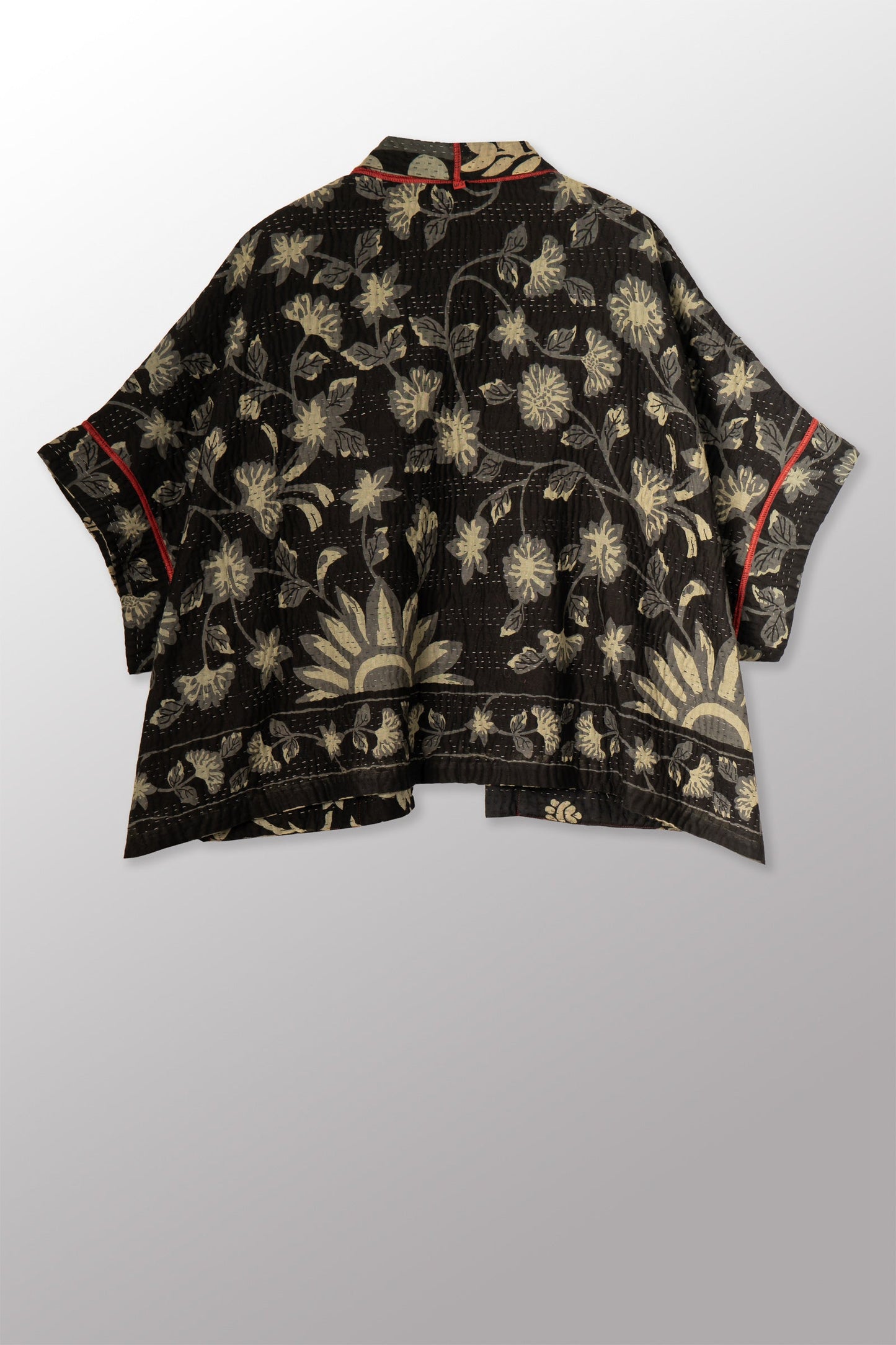 BLACK AND WHITE PRINT PATCH KANTHA MINI PONCHO - pn4060-red -