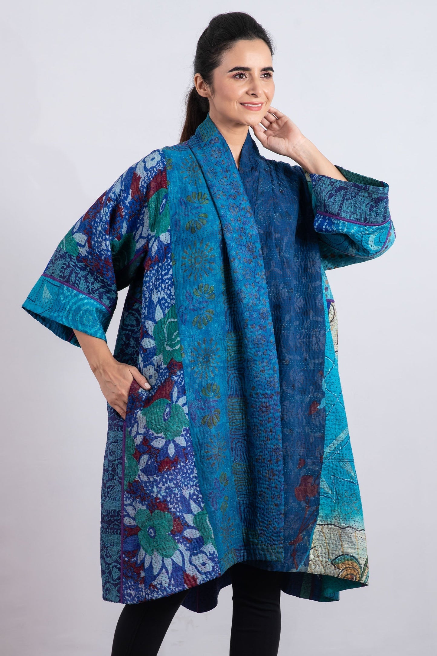 JACQUARD SILK KANTHA 3/4 SLV. A-LINE DUSTER - js4324-blu -