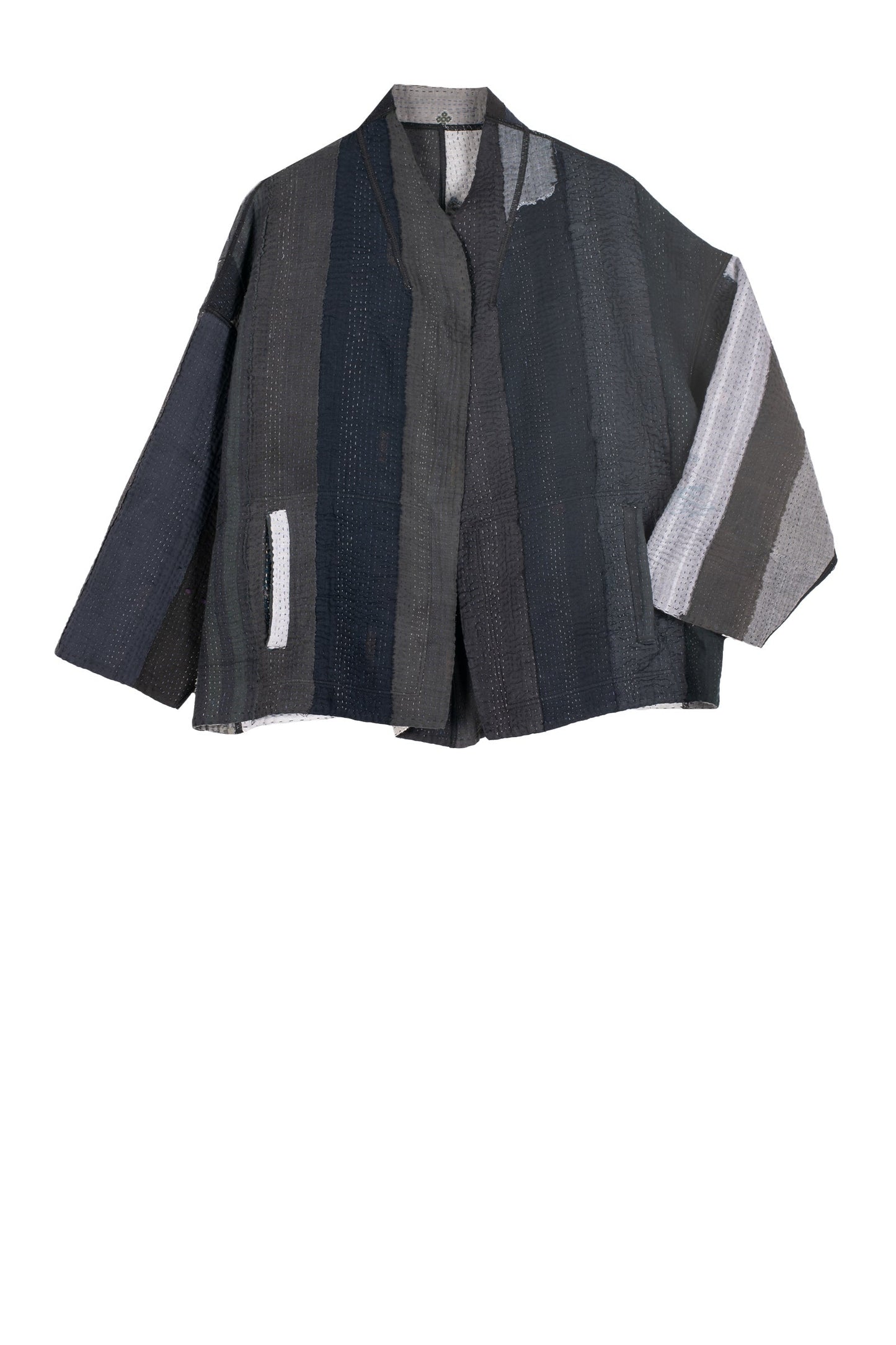 STRIPE AND CHECK COTTON SILK PATCH KANTHA STAND COLLAR CROPPED JACKET - ss4034-blk -