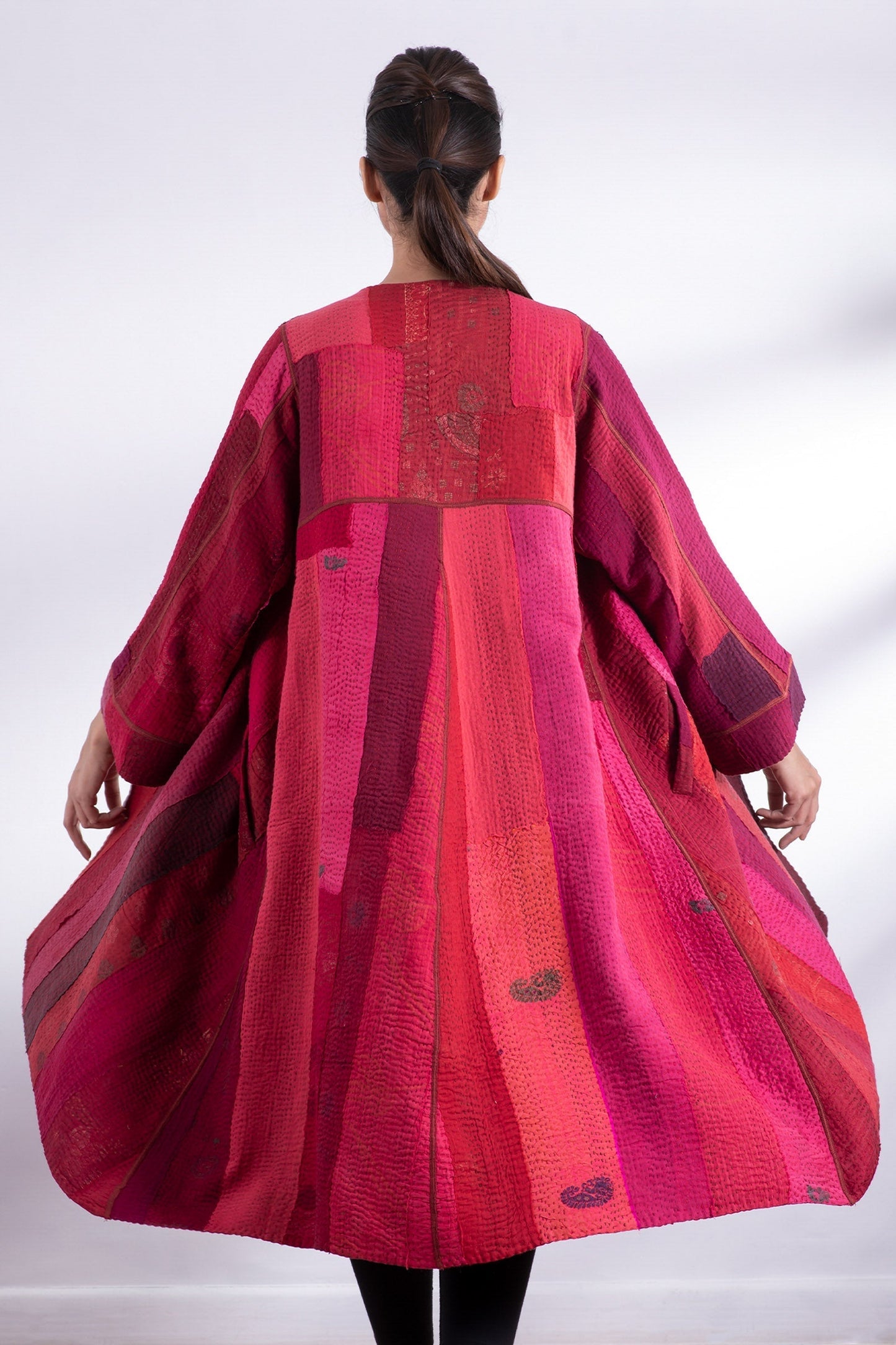 STRIPE AND CHECK COTTON SILK PATCH KANTHA WRAP FLARE COAT - ss4330-red -