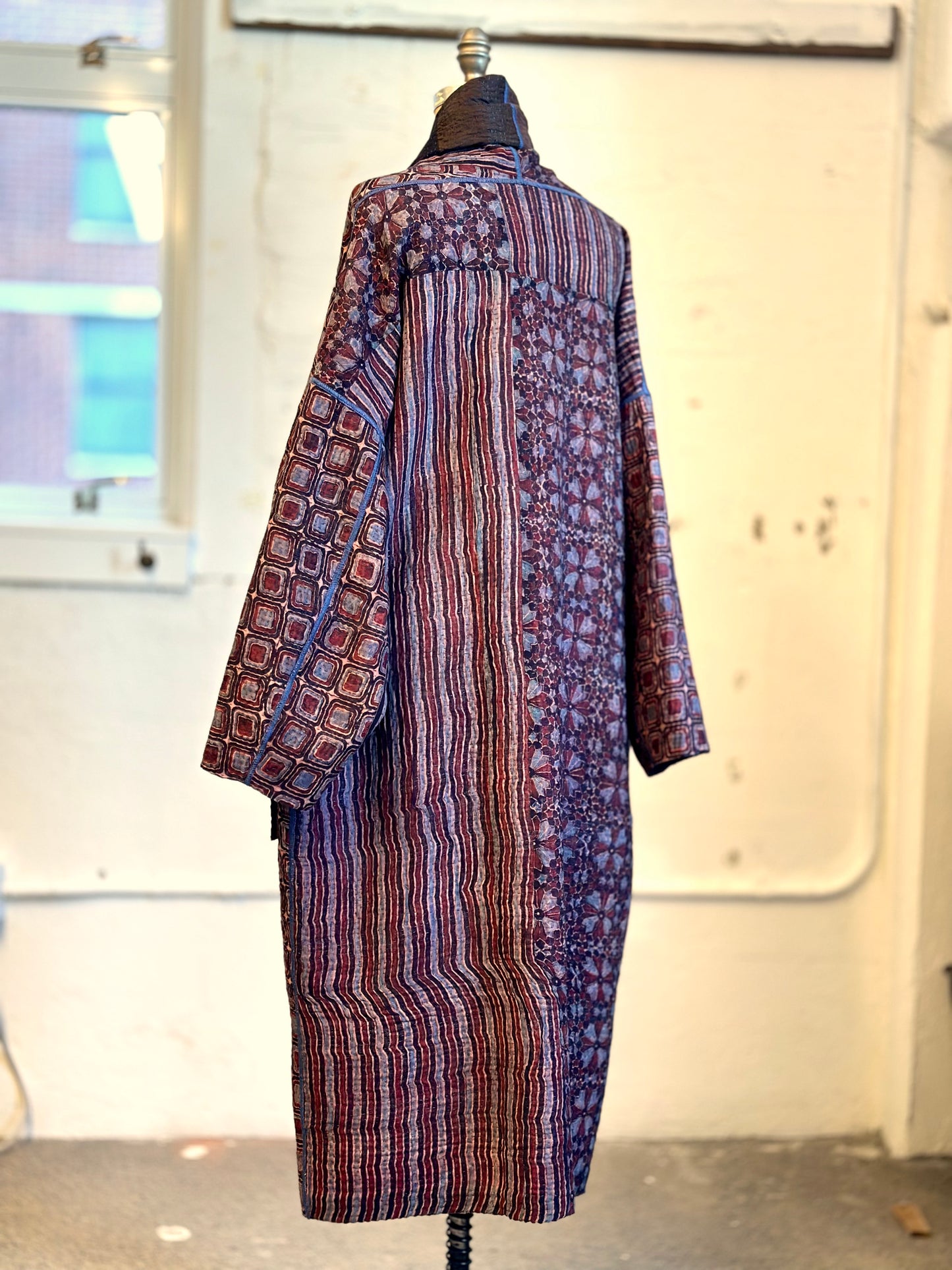 AJRAKH PRINT AND SILK COTTON PATCH KANTHA NEW SHAWL POCKET COAT LONG - az4363-brn -