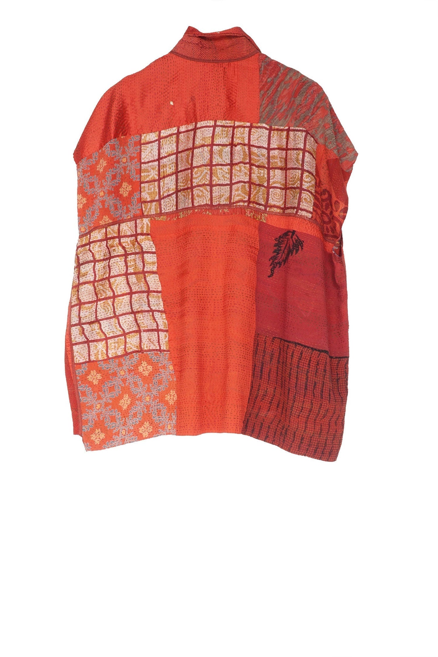 GEORGETTE VINTAGE SILK PATCH KANTHA CAP SLV. SHIRT - gs2530-red -