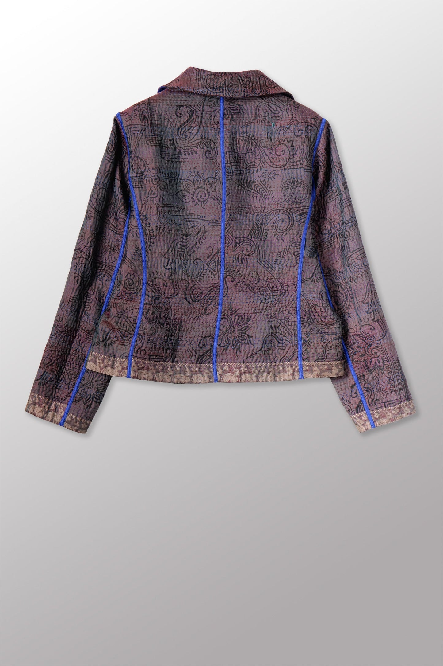VINTAGE JACQUARD CLAMP DYE WITH PRINTED SILK KANTHA CROPPED BASIC JACKET - jk4096-0002m -