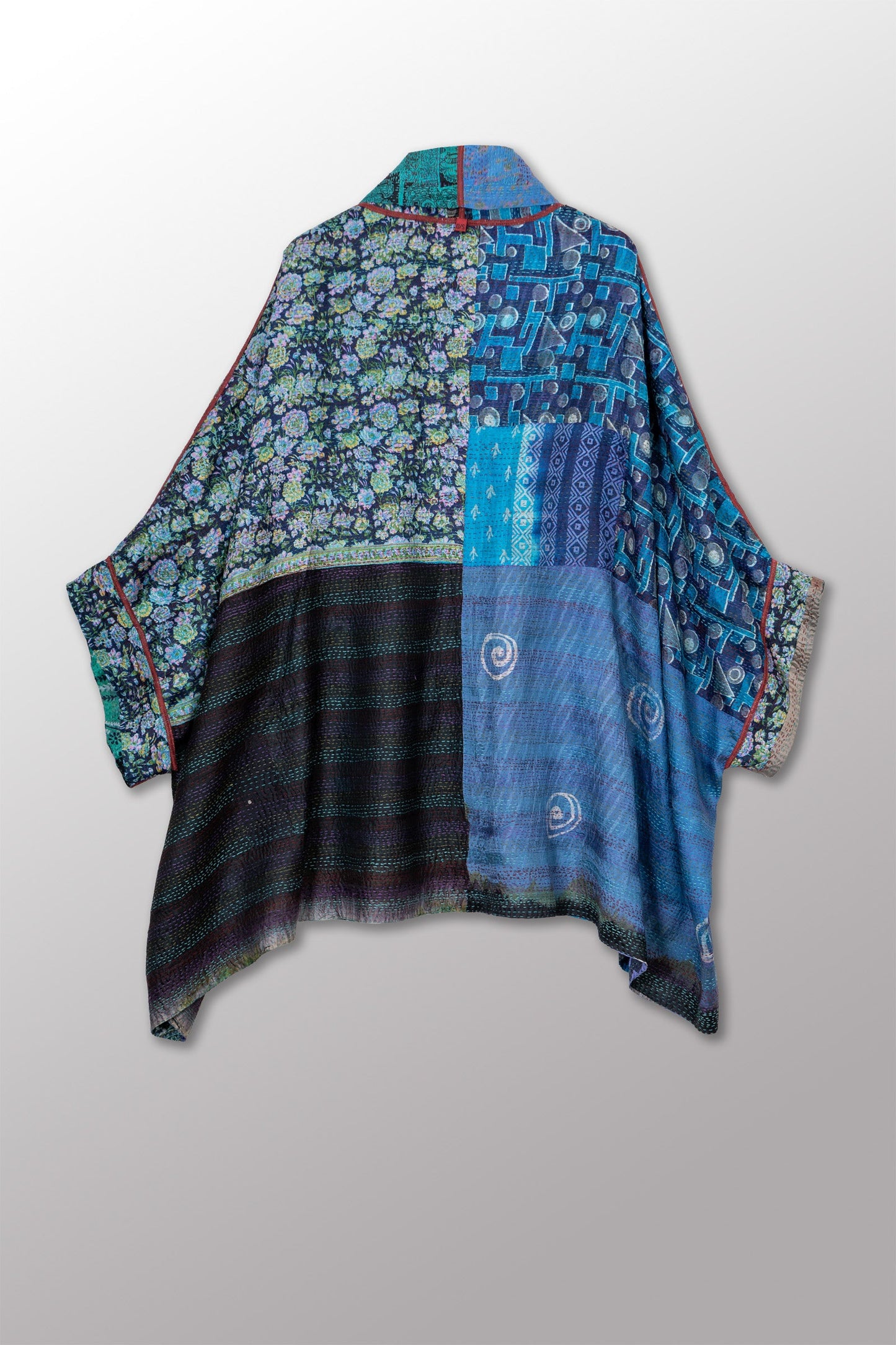 VINTAGE SILK KANTHA DOUBLE COLLAR PONCHO - sv2323-0017a -