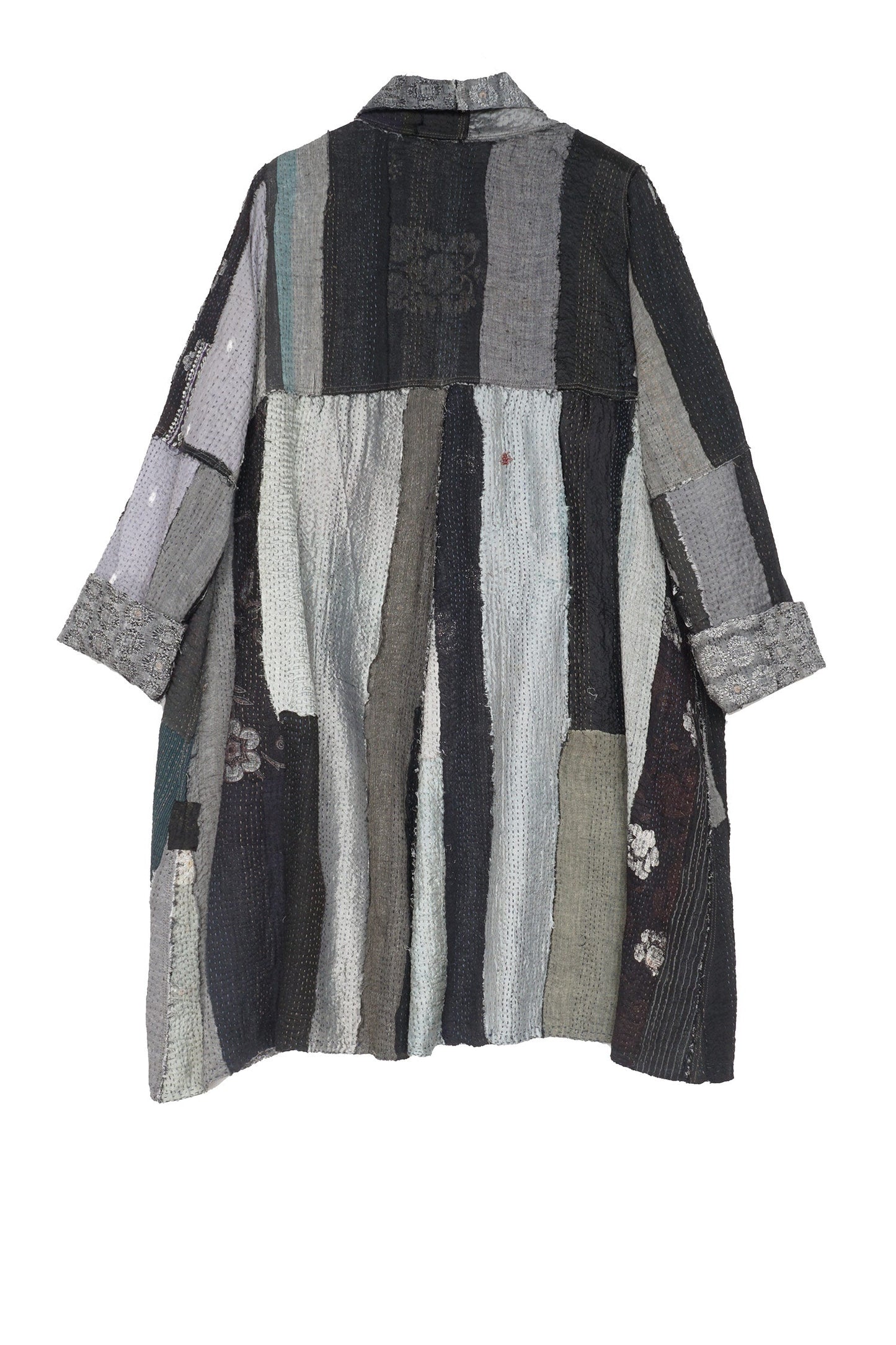 STRIPE FRAYED & HANDWOVEN KANTHA A-LINE DUSTER - ft2311-blk -