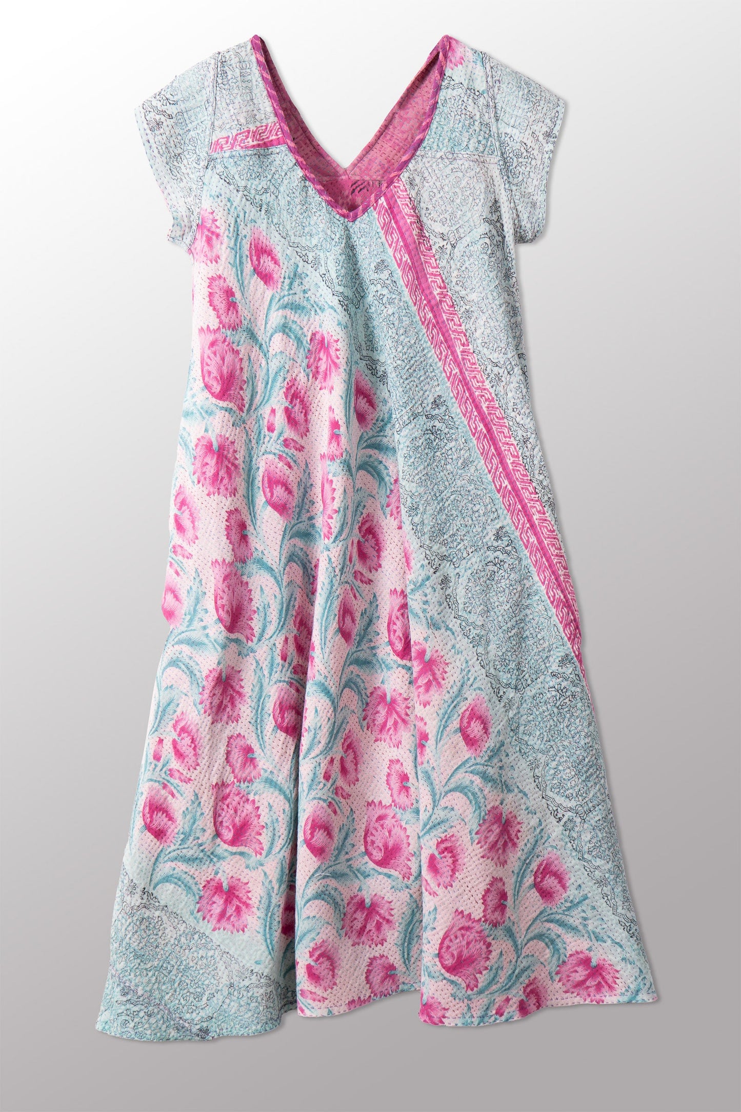 VINTAGE COTTON KANTHA CAP SLV. FLARE DRESS - cv2425-0018s -