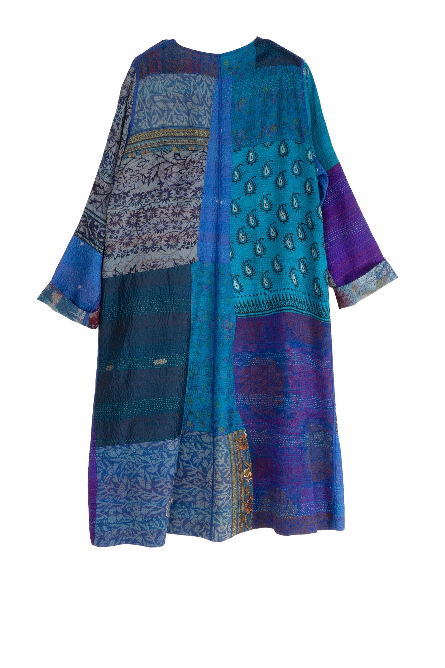 GEORGETTE VINTAGE SILK PATCH KANTHA CREW NECK COAT - gs2313-blu -