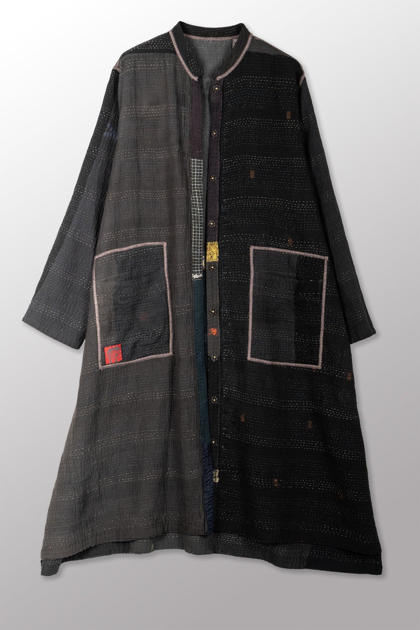 COTTON SILK SW PATCH KANTHA KAFTAN COAT - ws4343-blk -