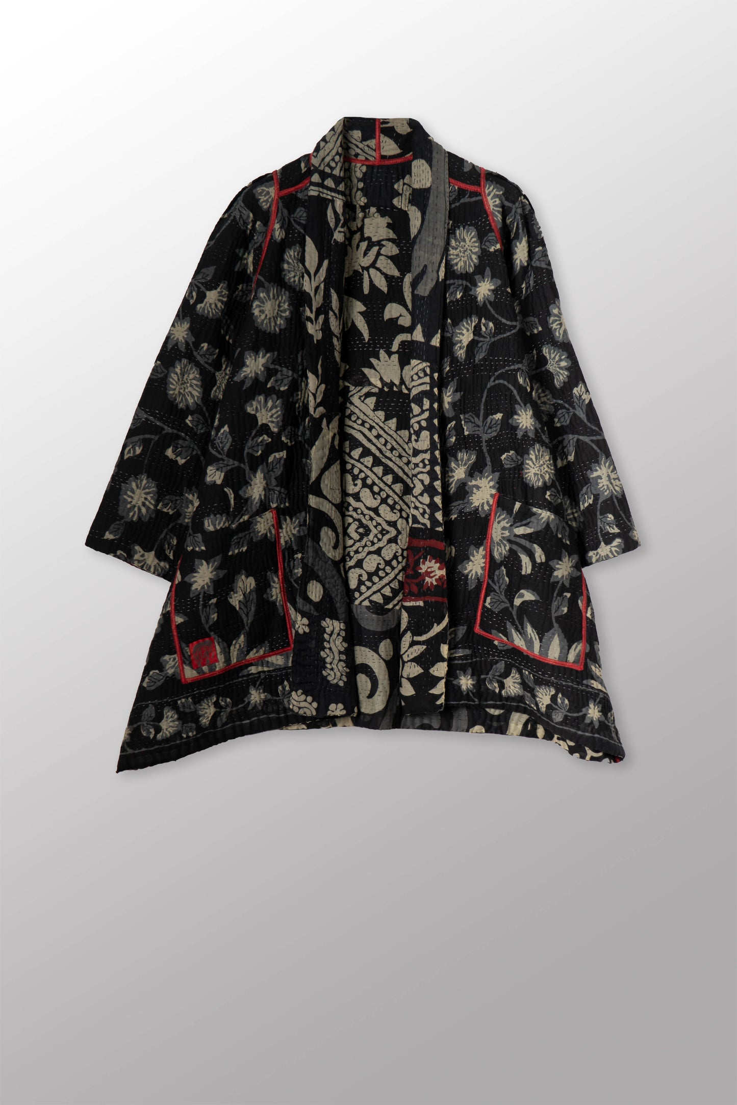 BLACK AND WHITE PRINT PATCH KANTHA A-LINE JACKET - pn4003-red -