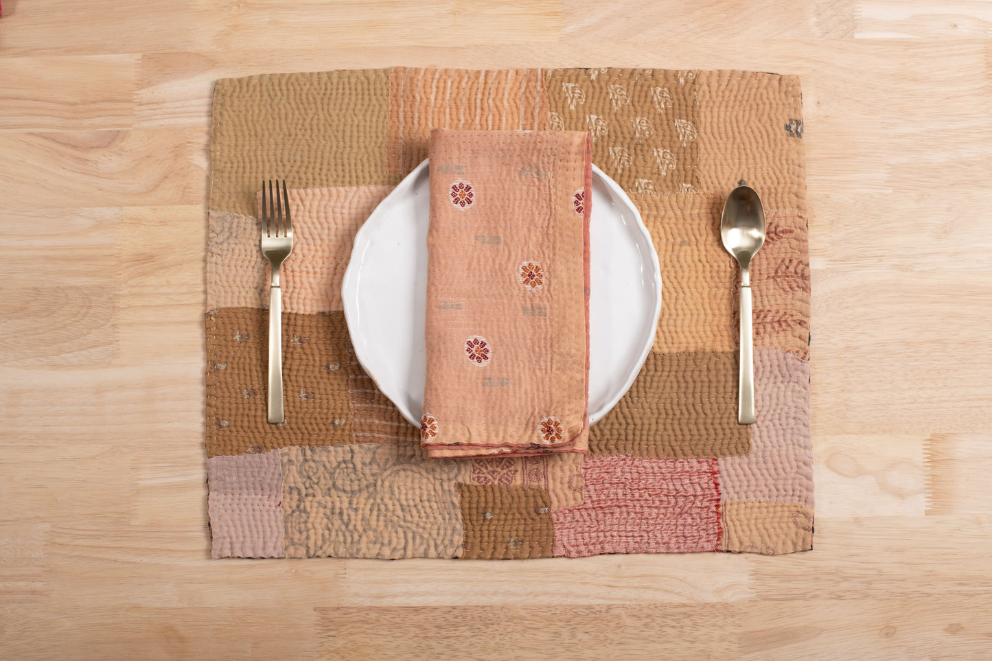 Mosaic Fray Patch Vintage Kantha Placemat -Mushroom (Set OF 2)
