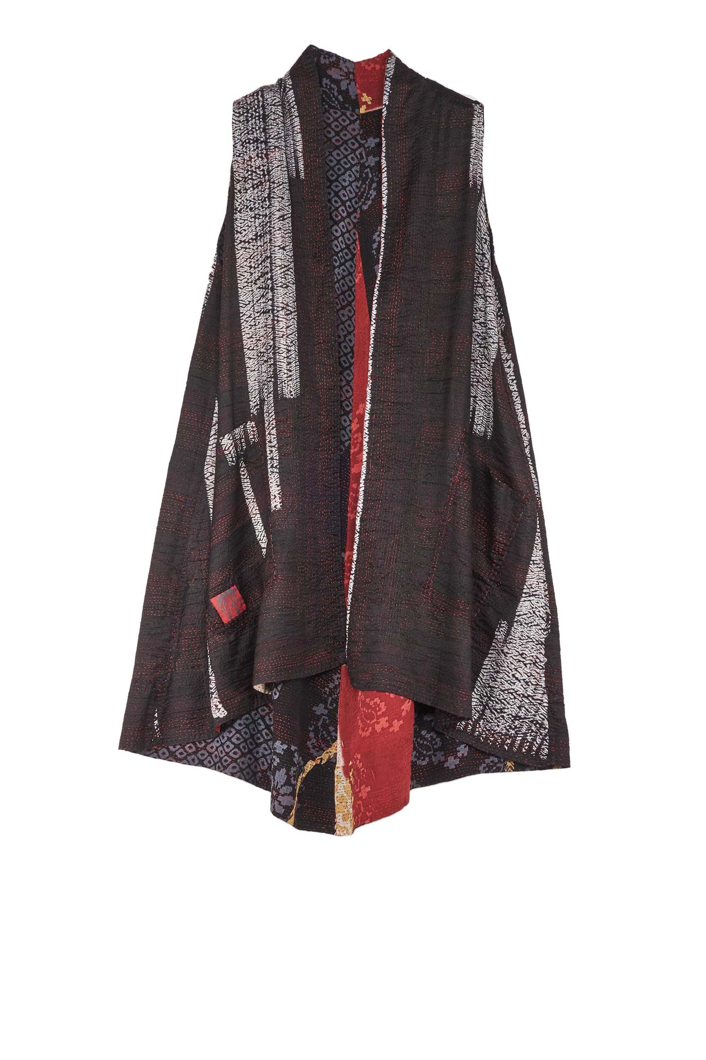 KIMONO PRINT KANTHA A-LINE VEST - kp2203-blk -