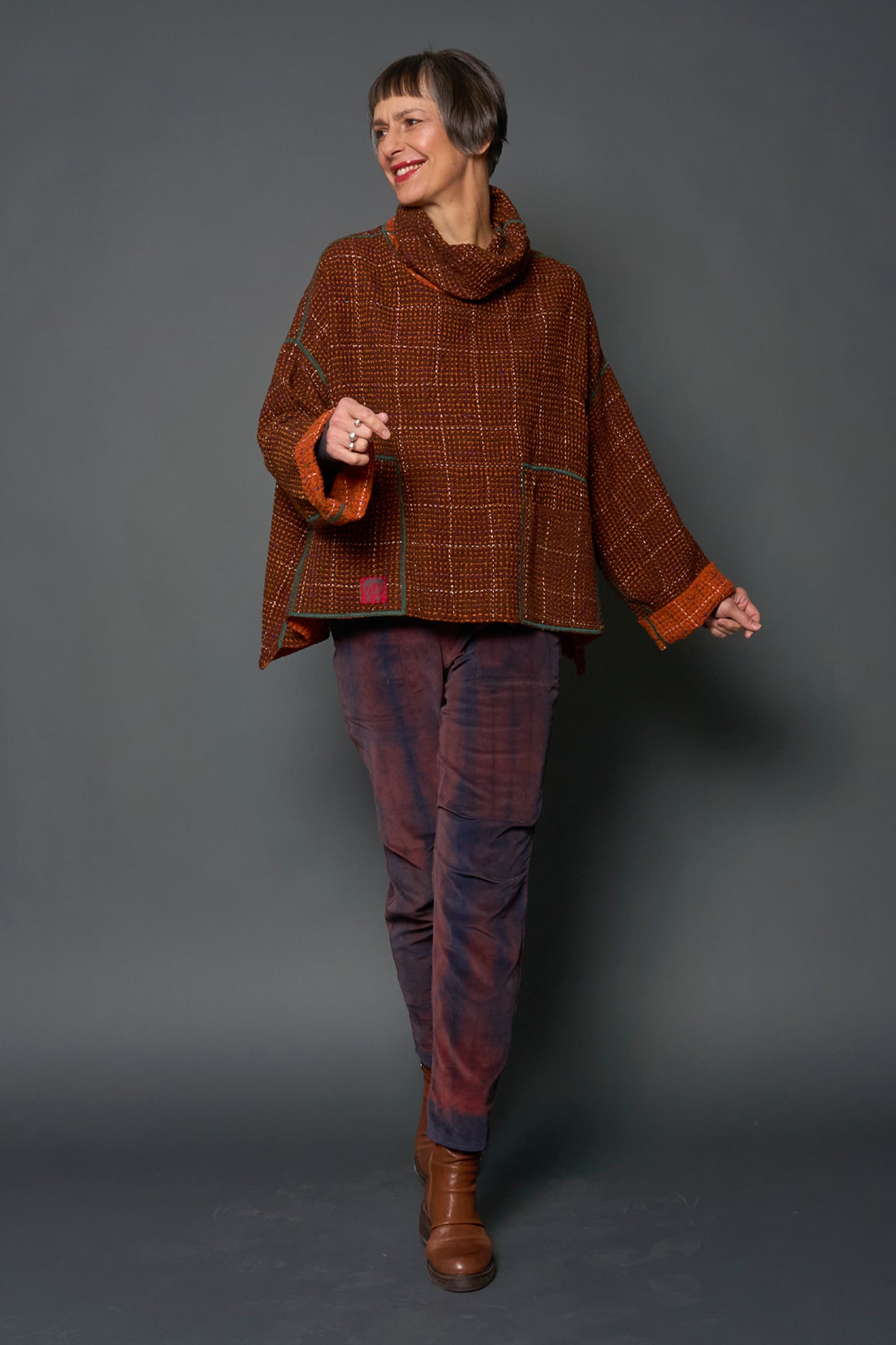 WOOL WAFFLE KANTHA NEW COWL NECK PONCHO - ww3083-org -