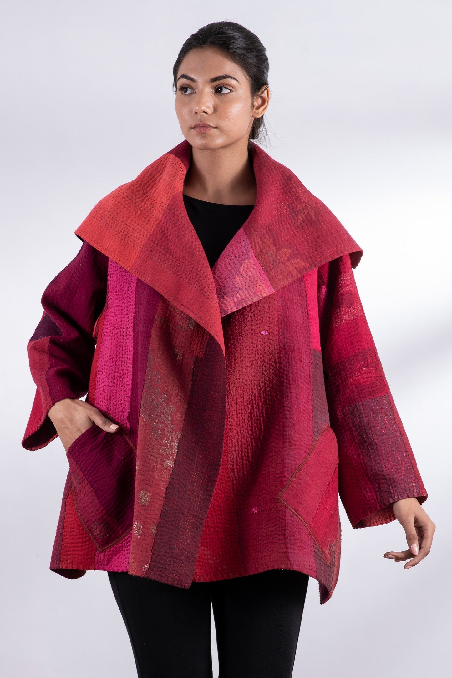 STRIPE AND CHECK COTTON SILK PATCH KANTHA FLARE JACKET - ss4010-red -
