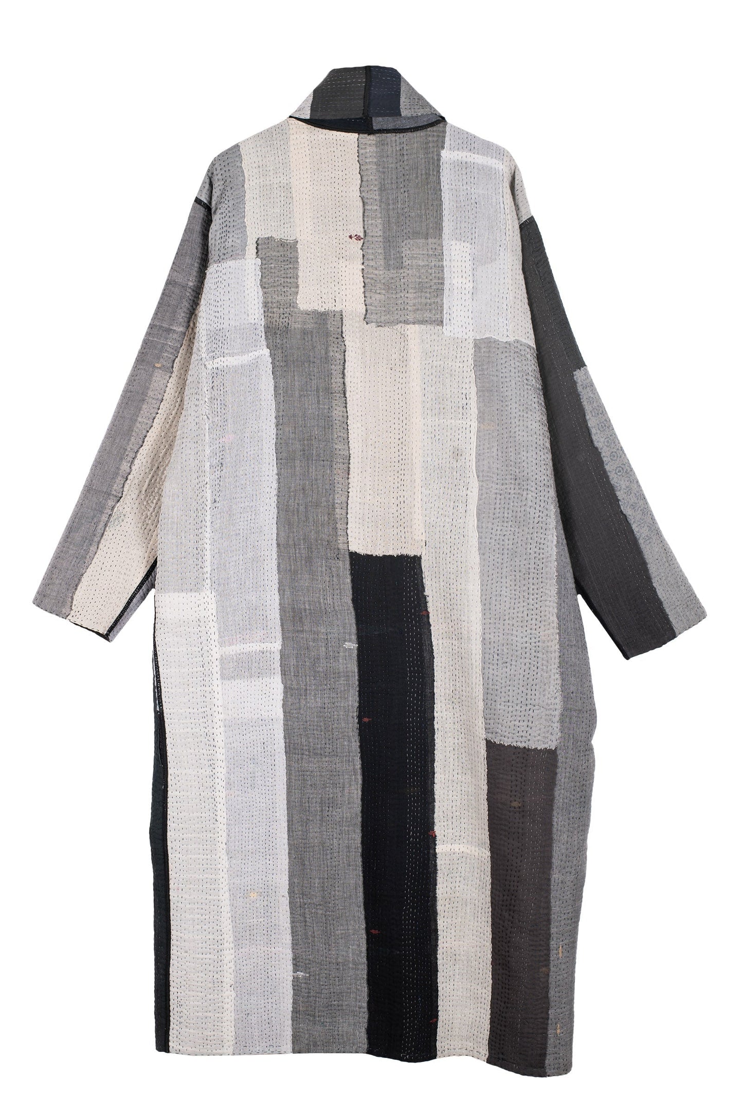 STRIPE AND CHECK COTTON SILK PATCH KANTHA ROBE COAT - ss4329-blk -