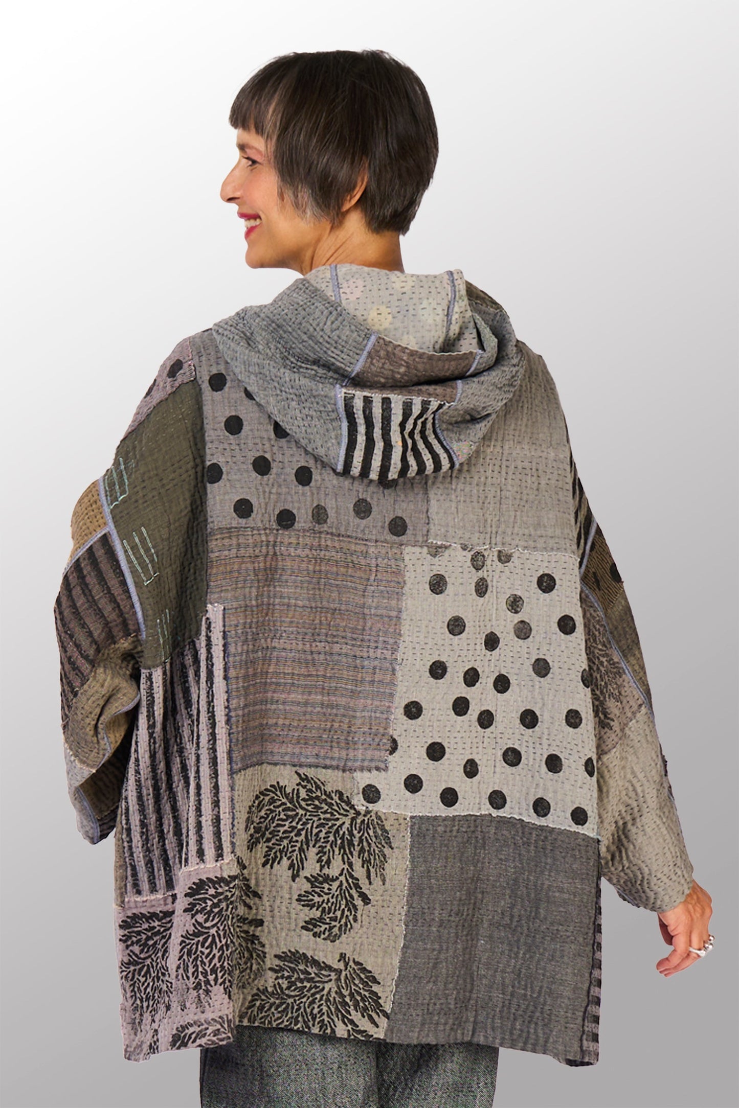 FRAYED PATCH KANTHA WITH STAMP HOODIE PONCHO - sp-fi4064-gry -